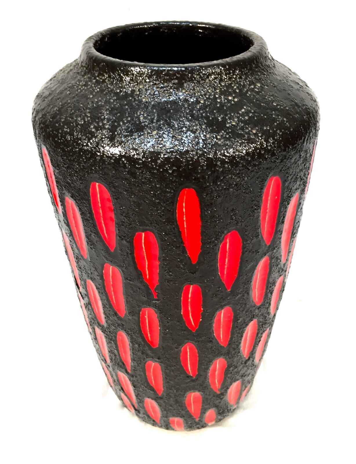 Vintage West German Pottery Lava Vase Scheurich Strawberry Tube / Red & Black