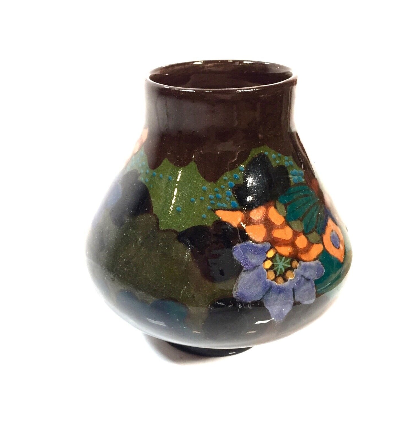 Antique High Glaze Gouda Pottery Art Deco Butterfly Vase / Dutch / Blue / Green