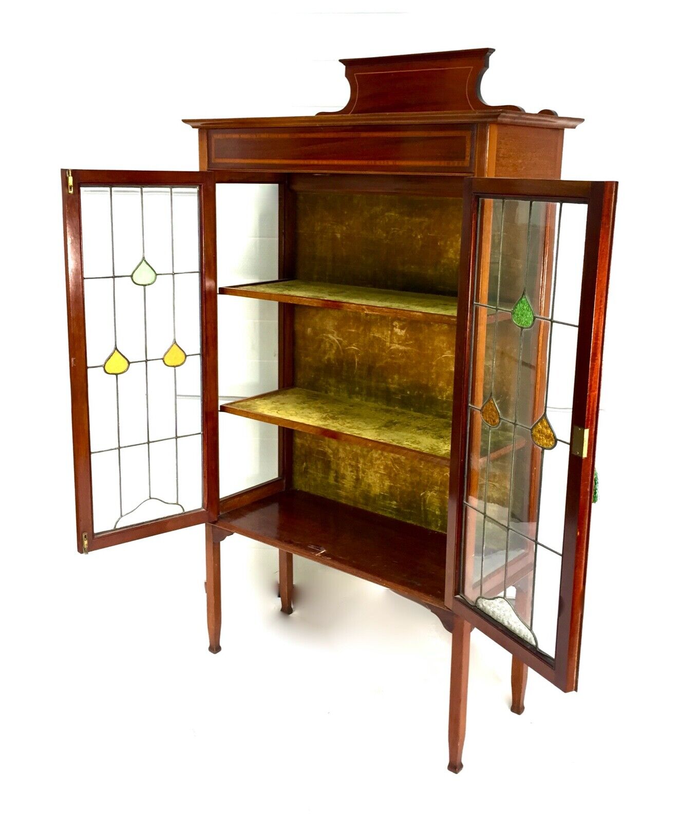 Antique Edwardian Mahogany & Stained Lead Glazed Display Cabinet Bookcase c.1900