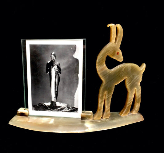 Antique Art Deco Bakelite & Glass Photograph Frame With Deer / Stag Figurine