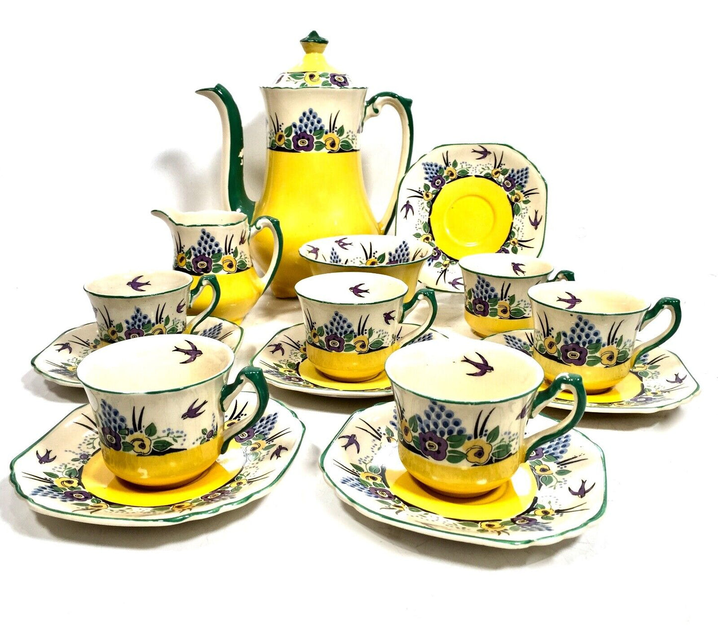 Antique Edwardian Early Wedgwood Coffee Tea Set for 6 People / Swallow Pattern