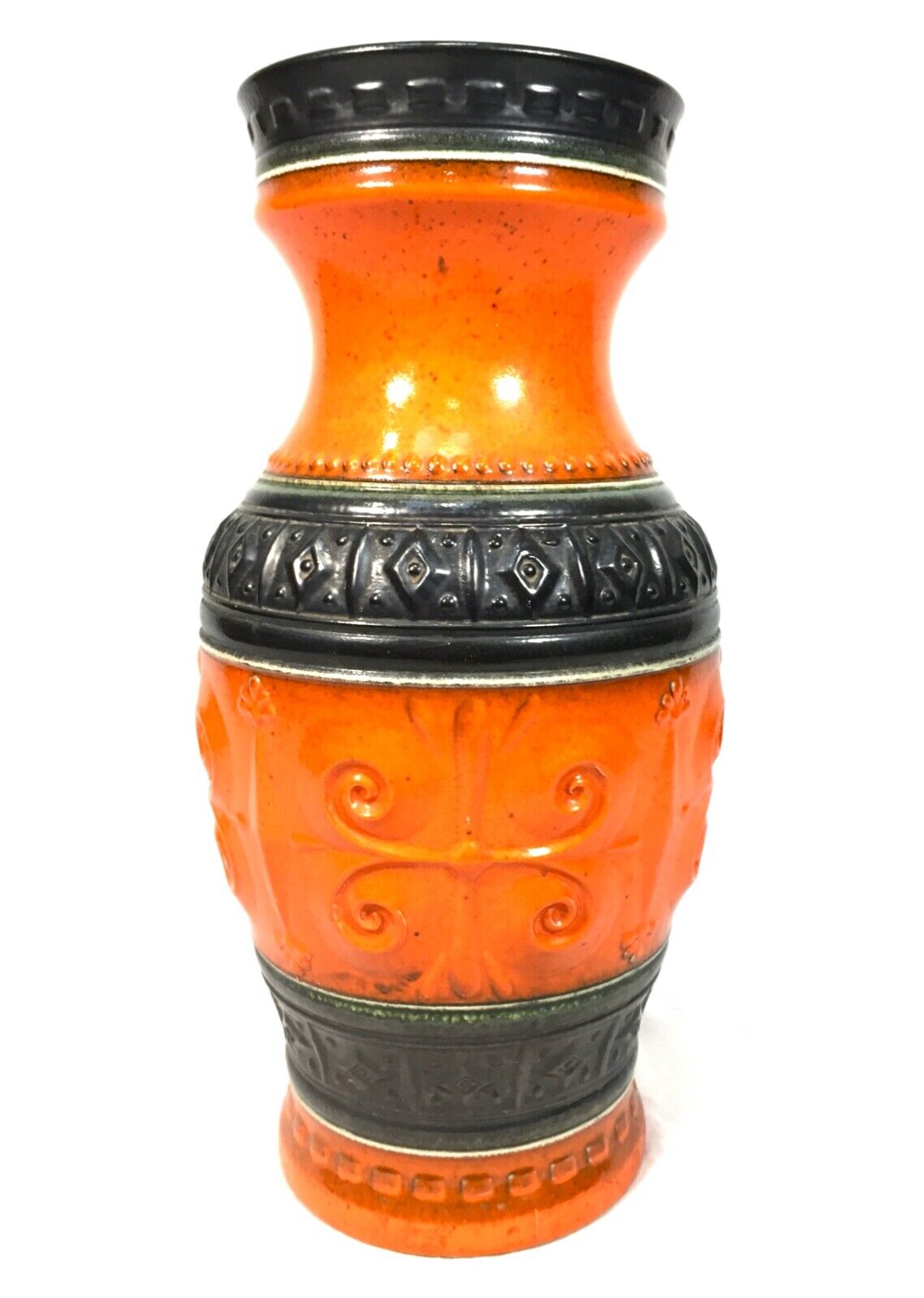 Vintage West German Pottery Extra Large Vase / Orange & Brown / Retro 1970s