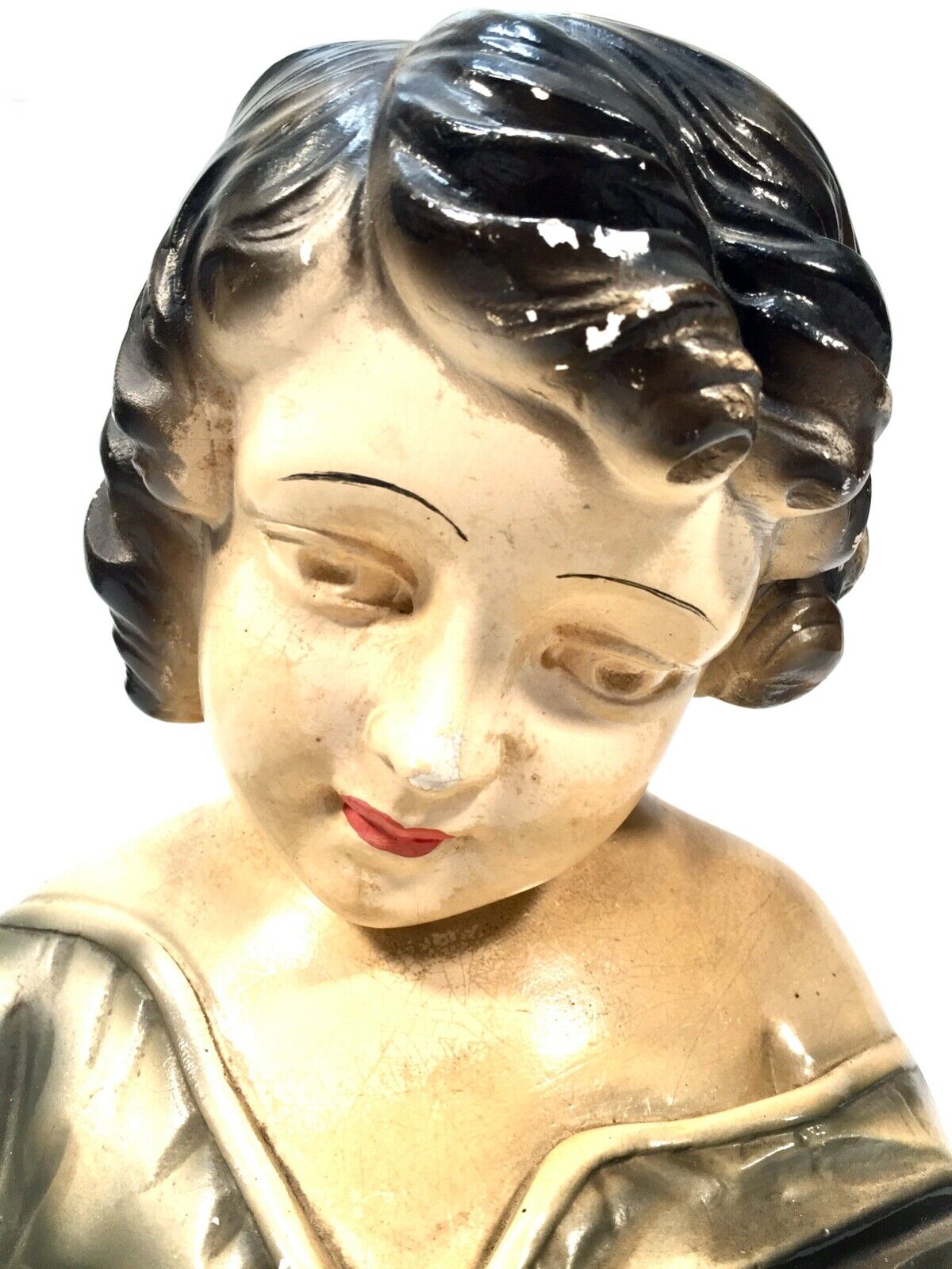 Antique Art Deco French Young Girl Plaster Portrait Bust / C.1930 / Hand Painted