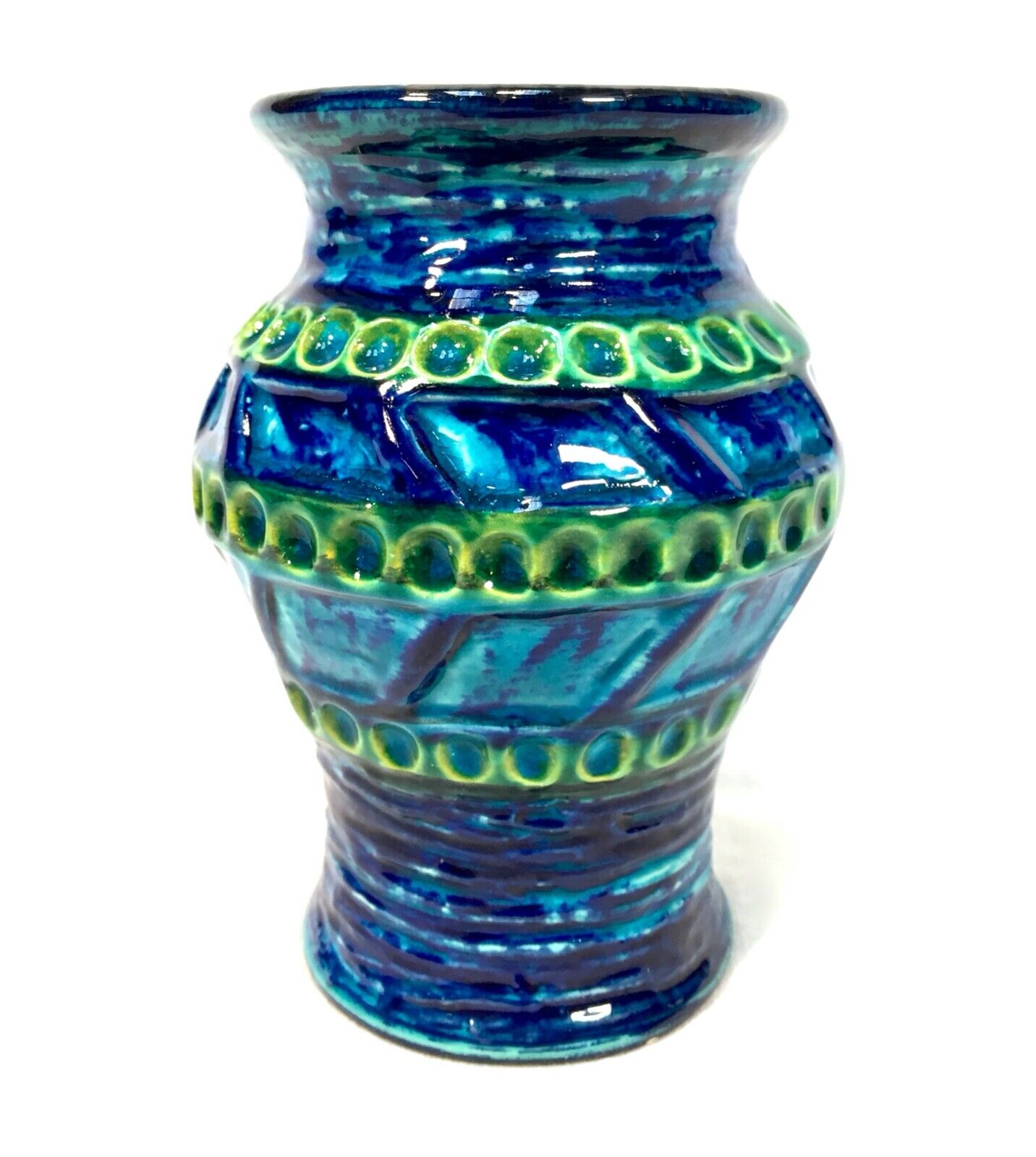 Vintage West German Pottery Fat Vase / Turquoise & Blue / Retro 1970s