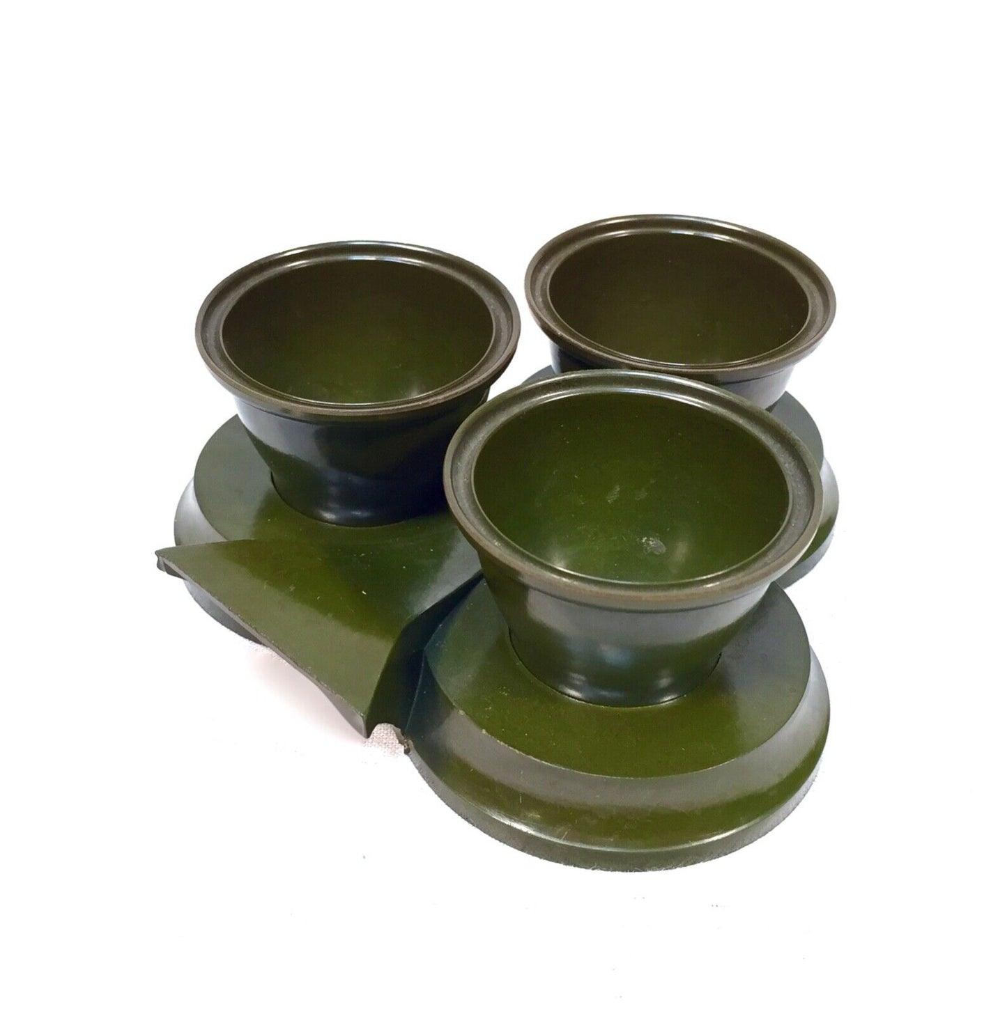 Antique Art Deco Green Bakelite Egg Cup Set on Stand in Shape of Clover / Club