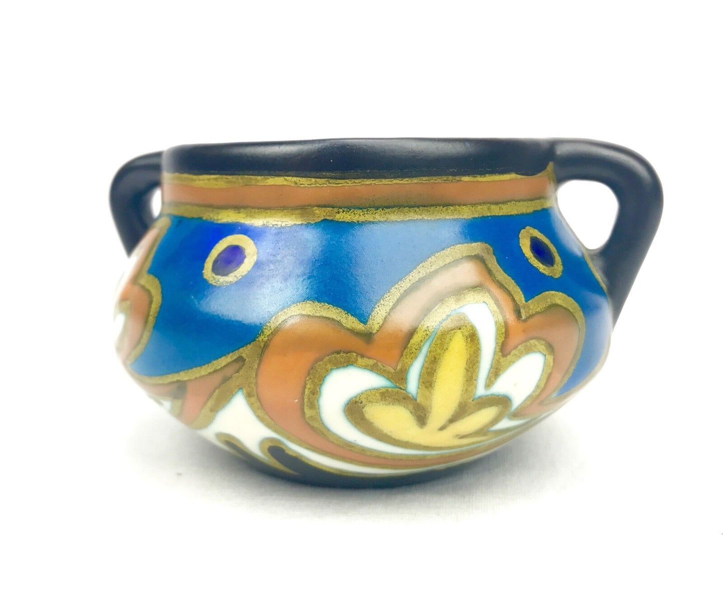Antique Dutch Gouda Pottery / Vase / Bowl / Art Deco / Blue / Yellow / Brown
