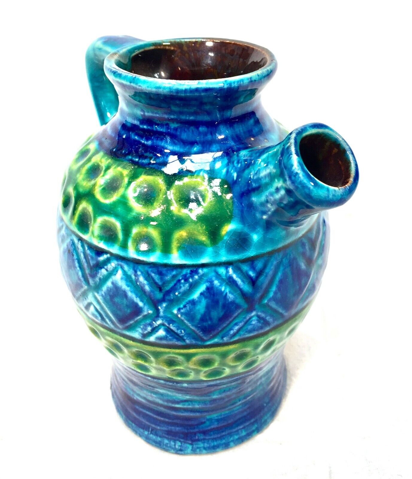 Vintage West German Pottery Fat Vase / Turquoise & Blue / Retro 1970s / Jug
