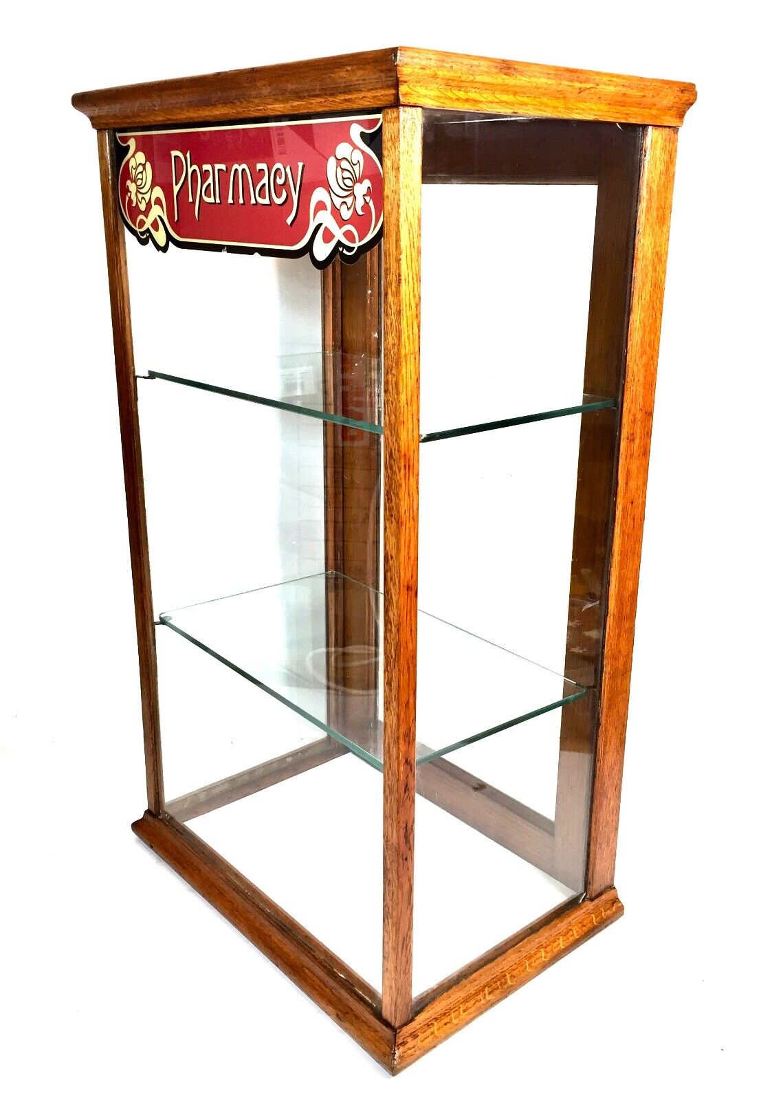Antique Oak Wooden Glazed Pharmacy Shop Display Cabinet / Medicine Bottles