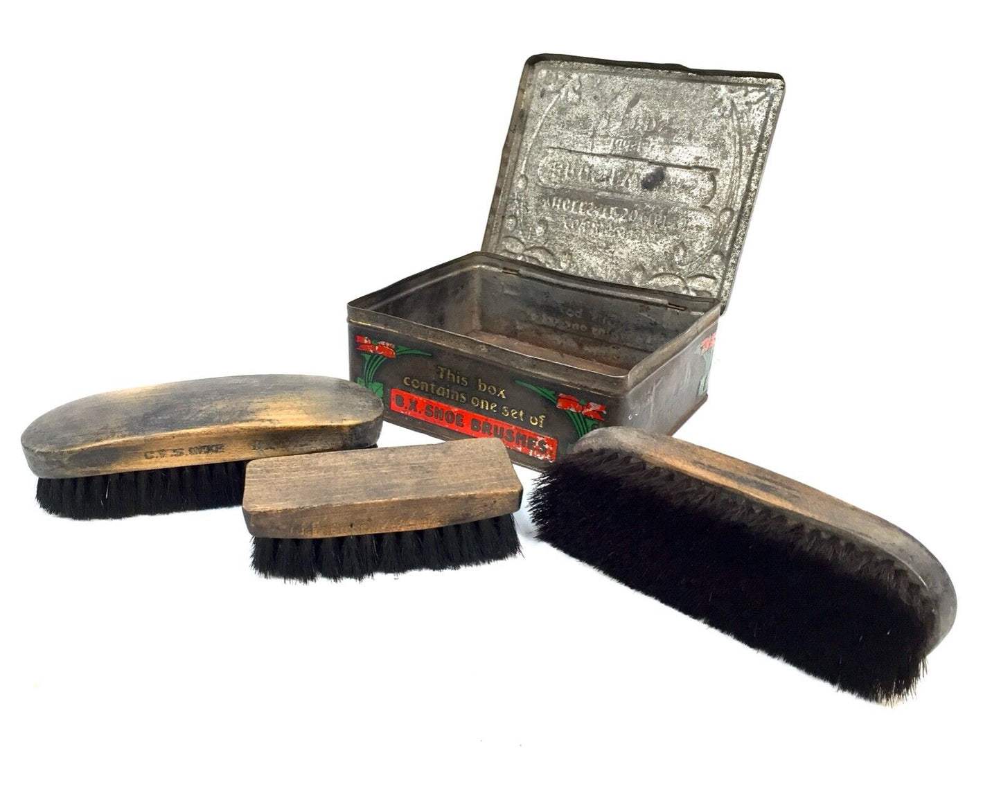 Antique Advertising - Shoe Polish Brush Tin by 'Brush Works' with Brushes / Boot