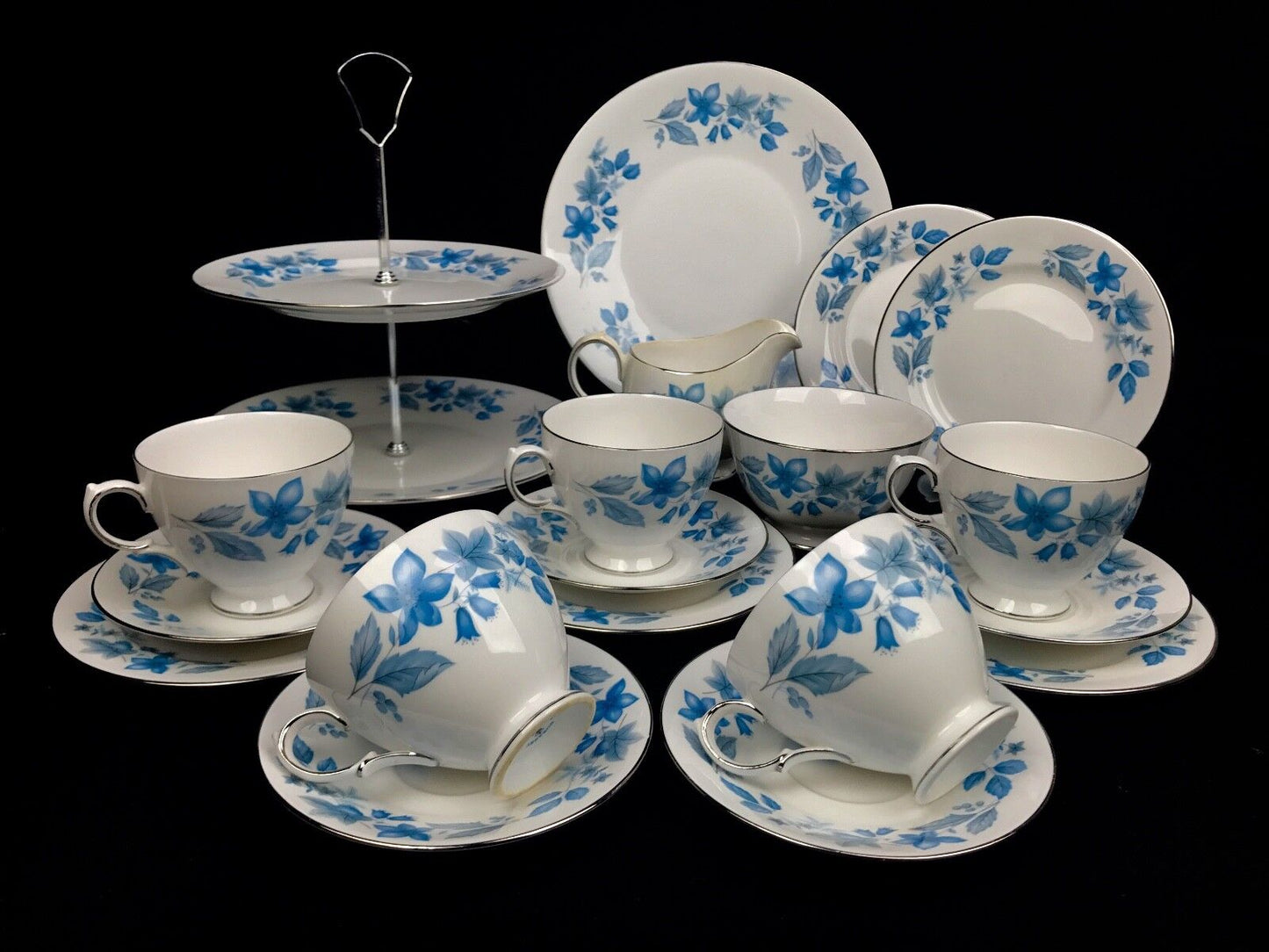 Crown Essex Vintage Tea Set For 5 / Dubarry / Blue Floral / Cake Stand / Trios