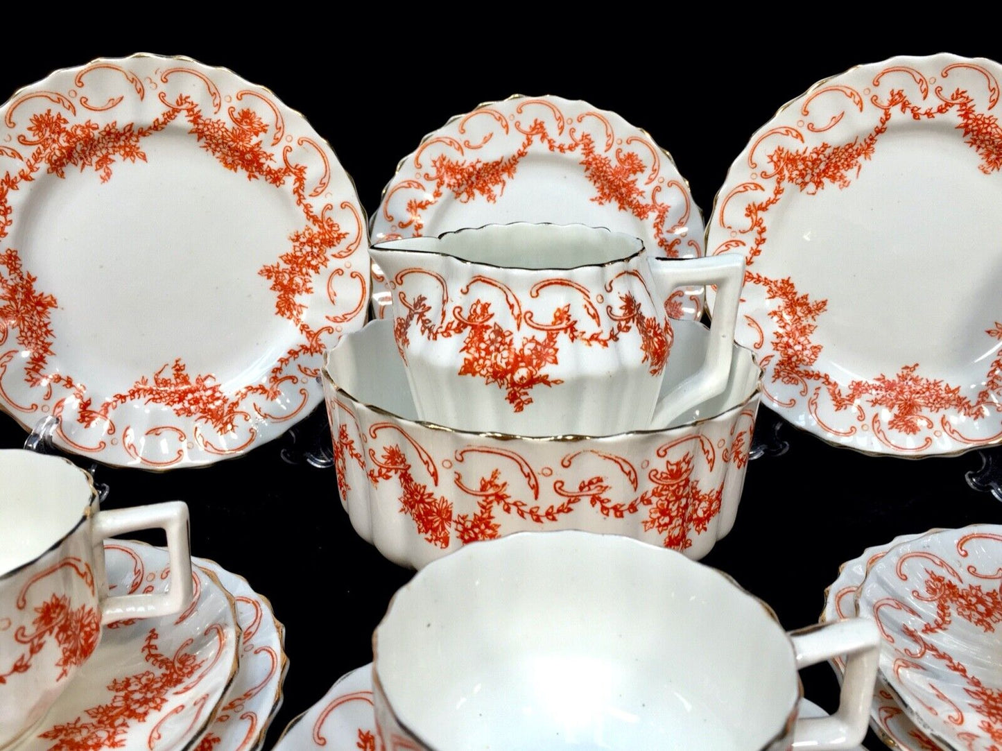 Antique Edwardian China Tea Set for 10 People / Orange & White / C.1900 / Trio