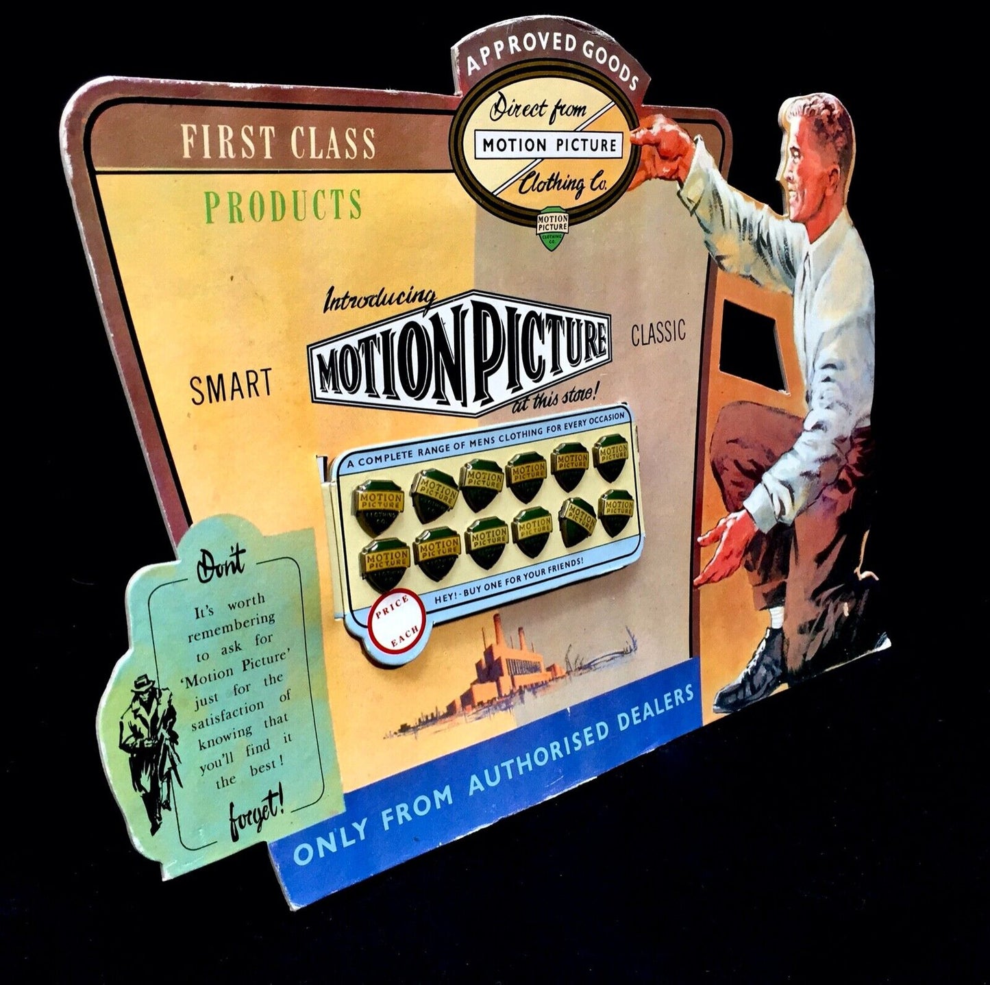 Antique Advertising - Shop Counter Display Showcard for Motion Picture Clothing