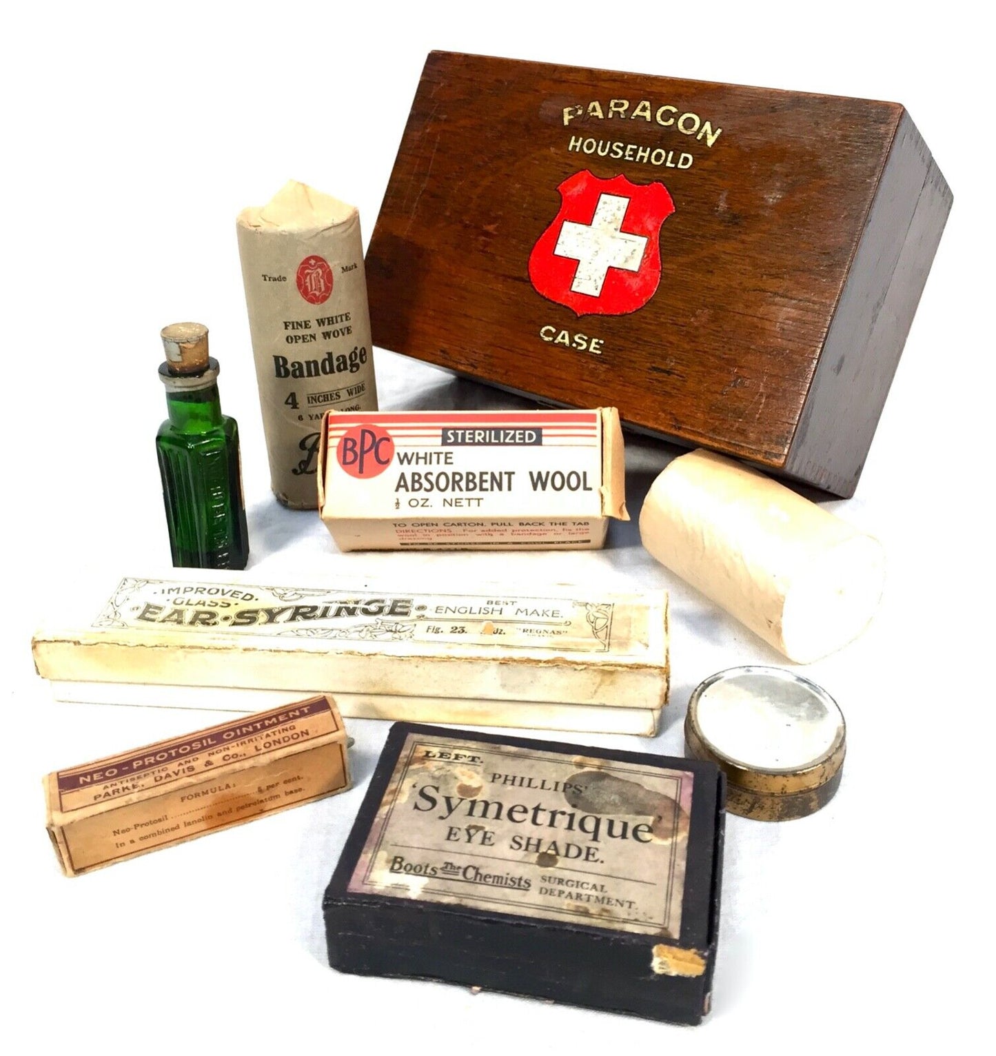 Antique Wooden Paragon Household Ambulance First Aid Box & Contents Apothecary