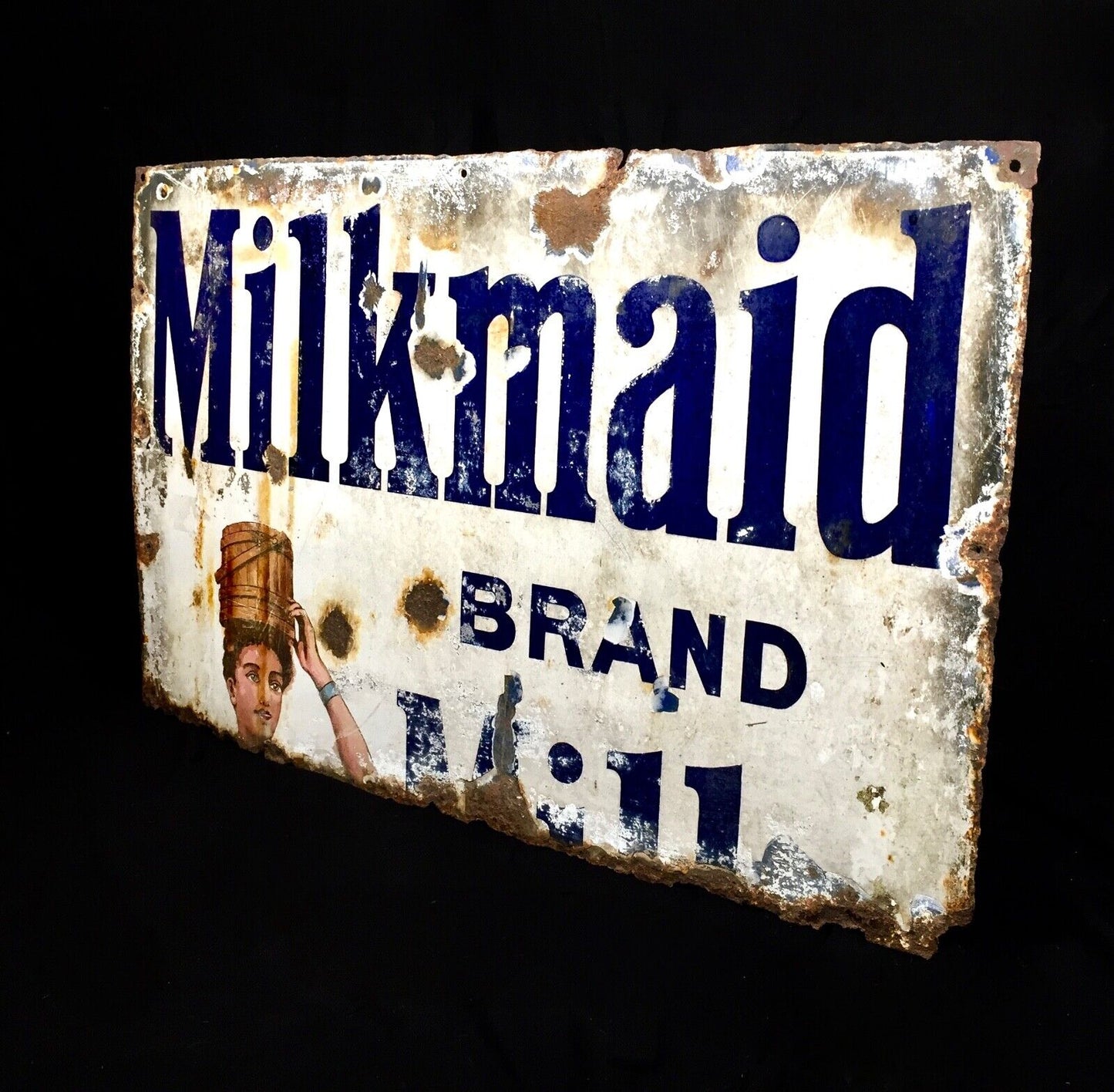 Antique Advertising - Large Enamel Pictorial Sign For Milkmaid Milk / Food Drink