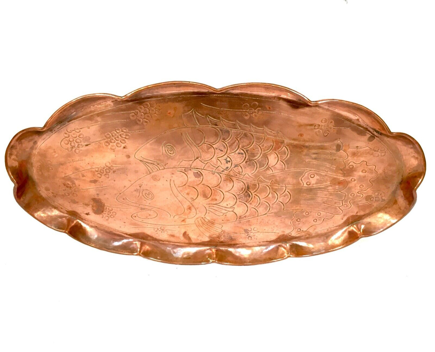 Antique Large Arts & Crafts Copper Tray with Fluted Edge & Fish Design  c.1900