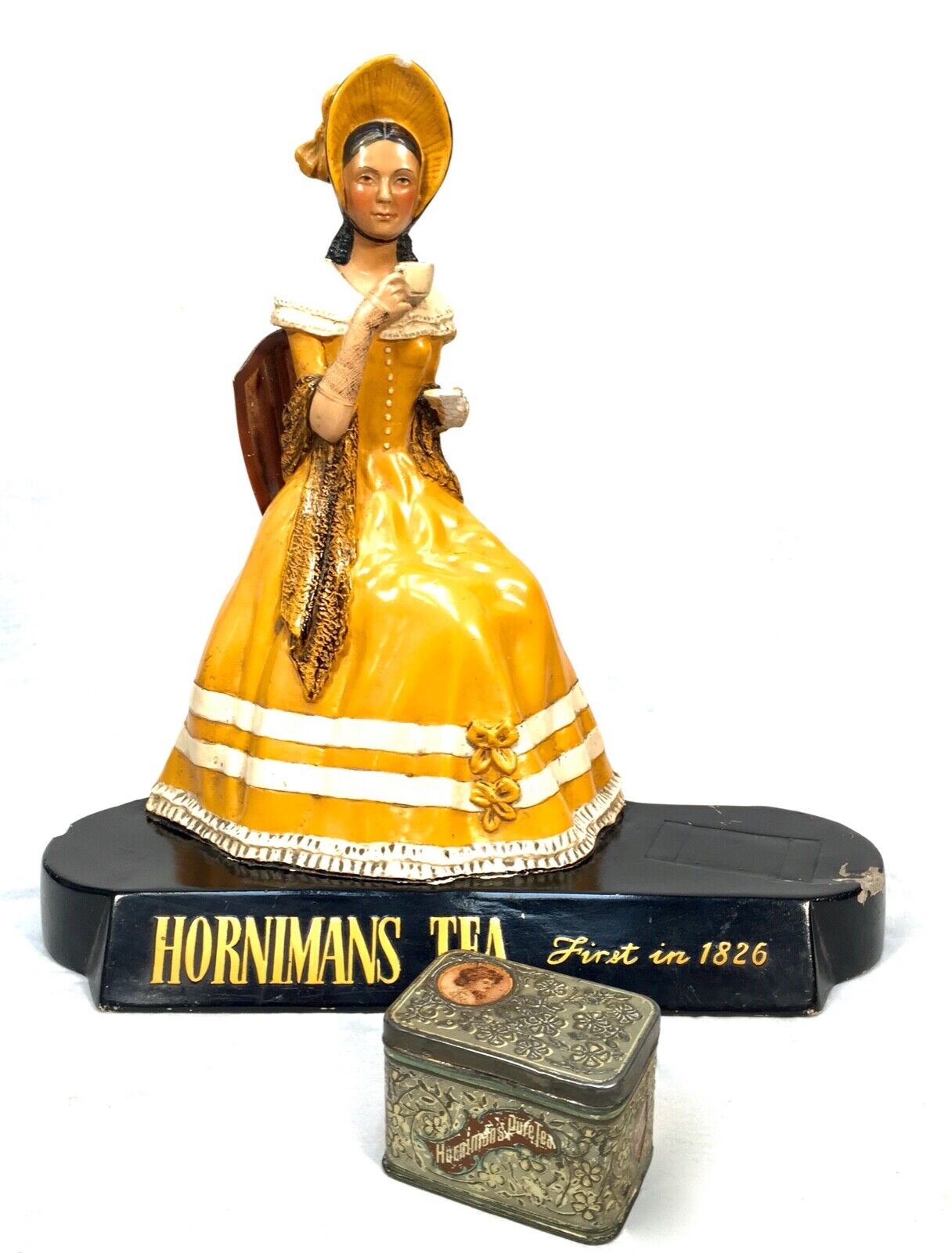 Antique Advertising - Hornimans Tea Shop Display Sign / Mannequin & Tin / Rare