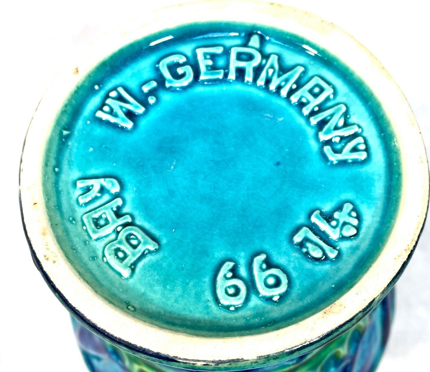 Vintage West German Pottery Fat Vase / Turquoise & Blue / Retro 1970s