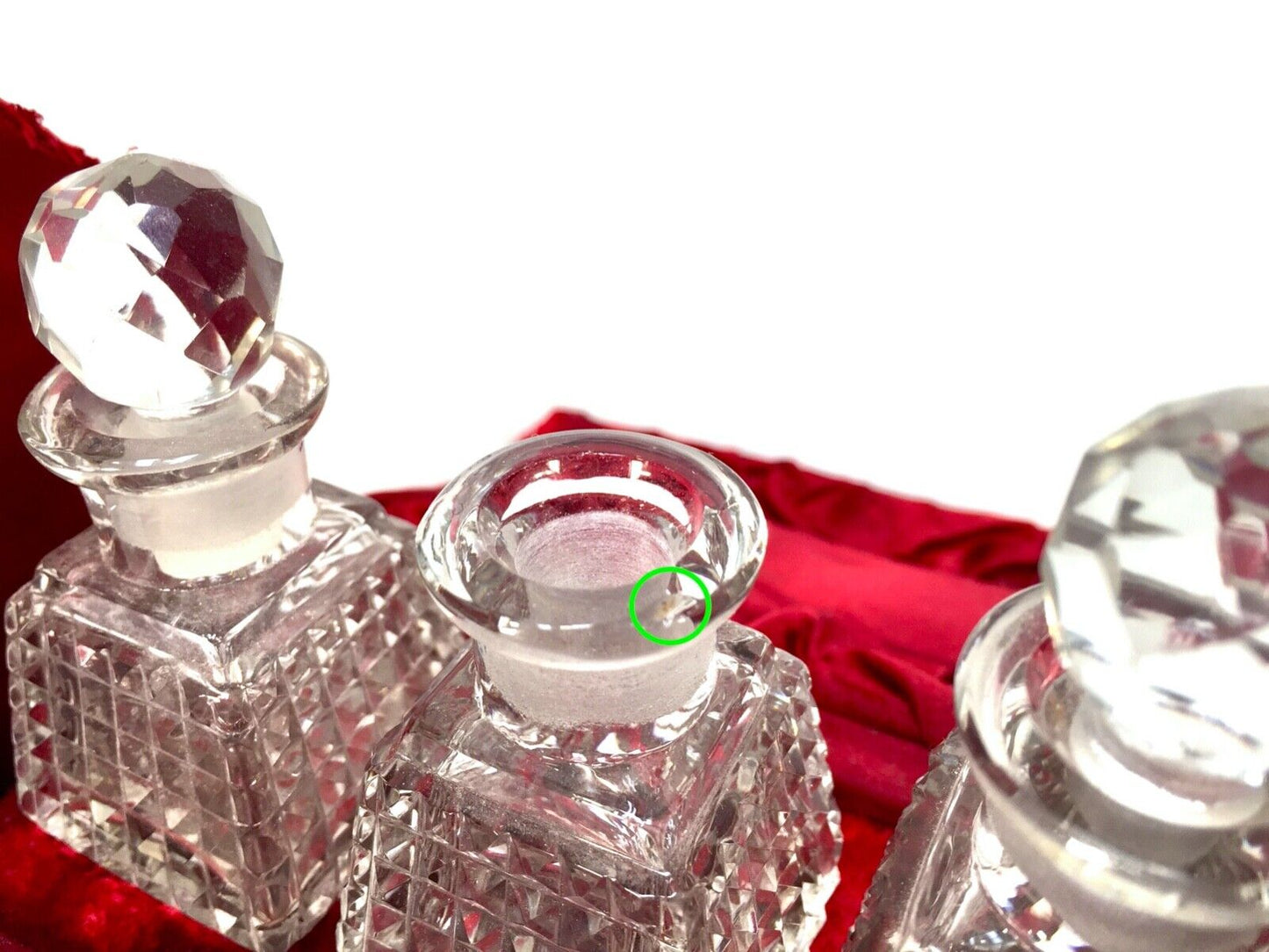 Antique Set of Ladies Cut Glass Perfume Scent Bottles in Handbag Carry Case Box