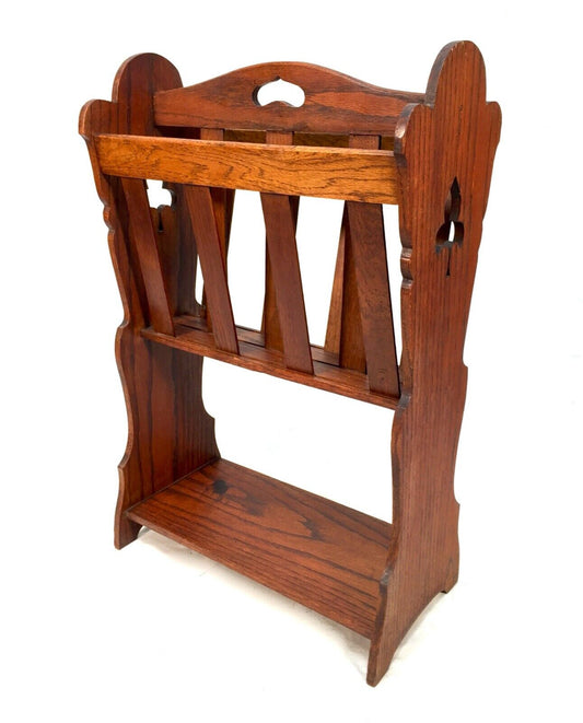 Vintage Wooden Oak Magazine / Newspaper Rack with Shelf / Floor Standing Antique