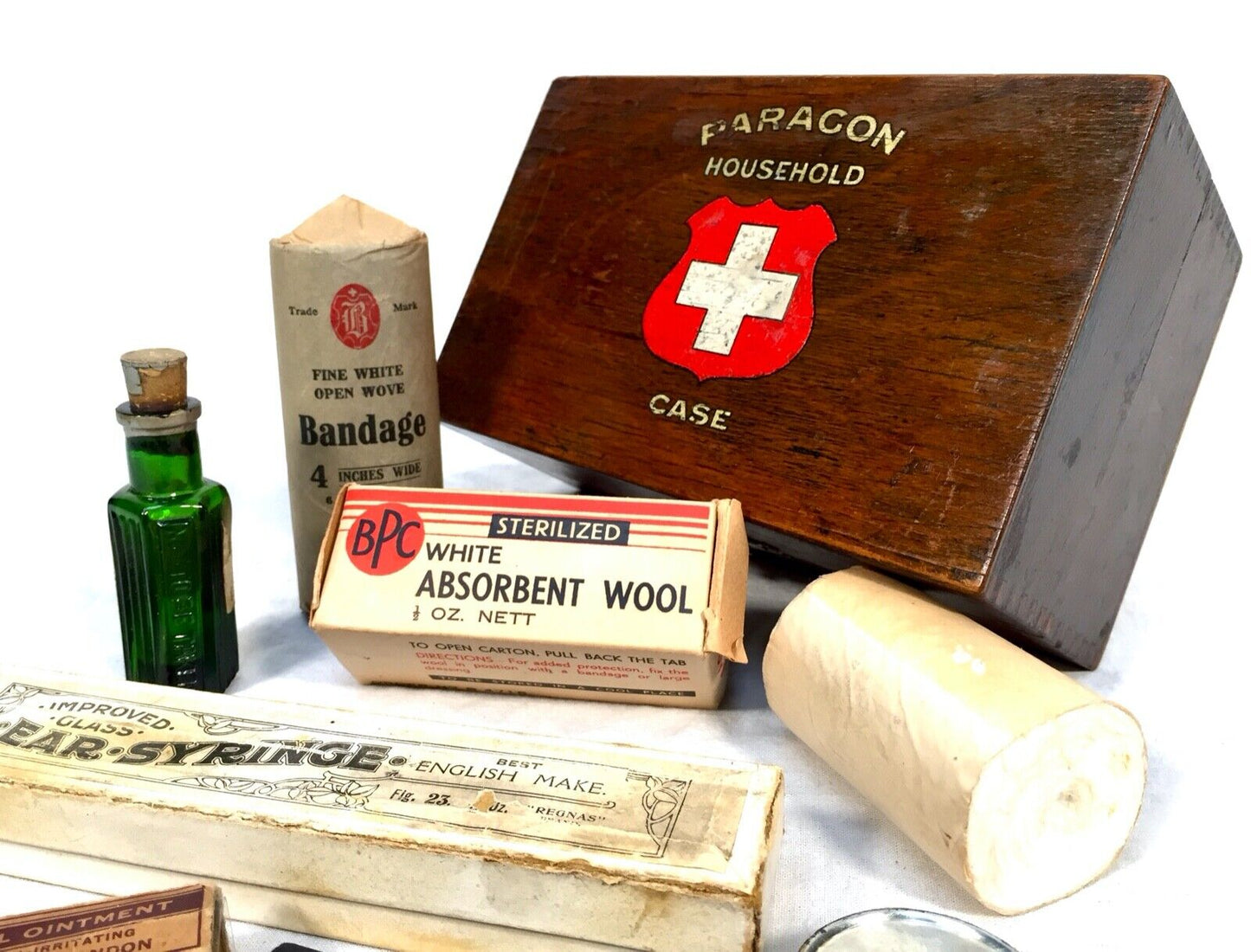 Antique Wooden Paragon Household Ambulance First Aid Box & Contents Apothecary