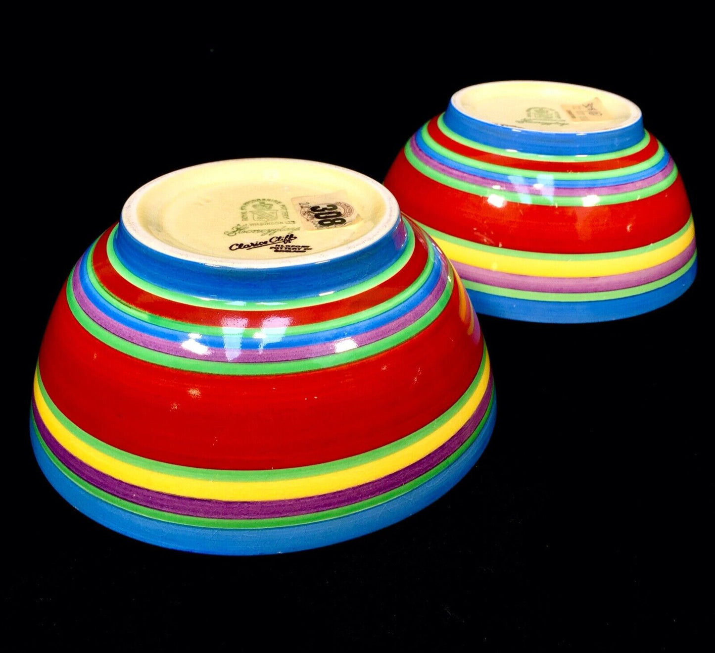 Clarice Cliff - Pair of Liberty Stripe Band Bowls / Art Deco Pottery / c1930