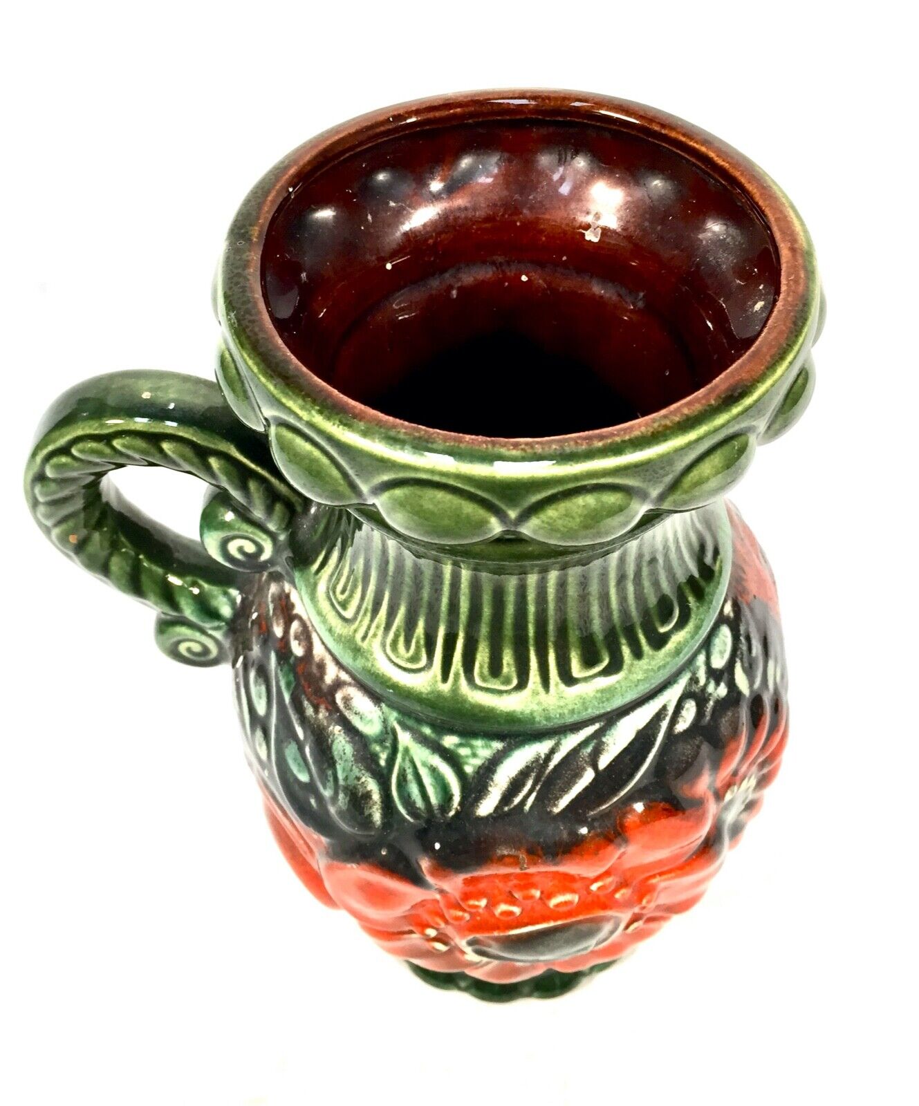 Vintage West German Pottery Vase / Jug / Green & Red / 1970s Retro