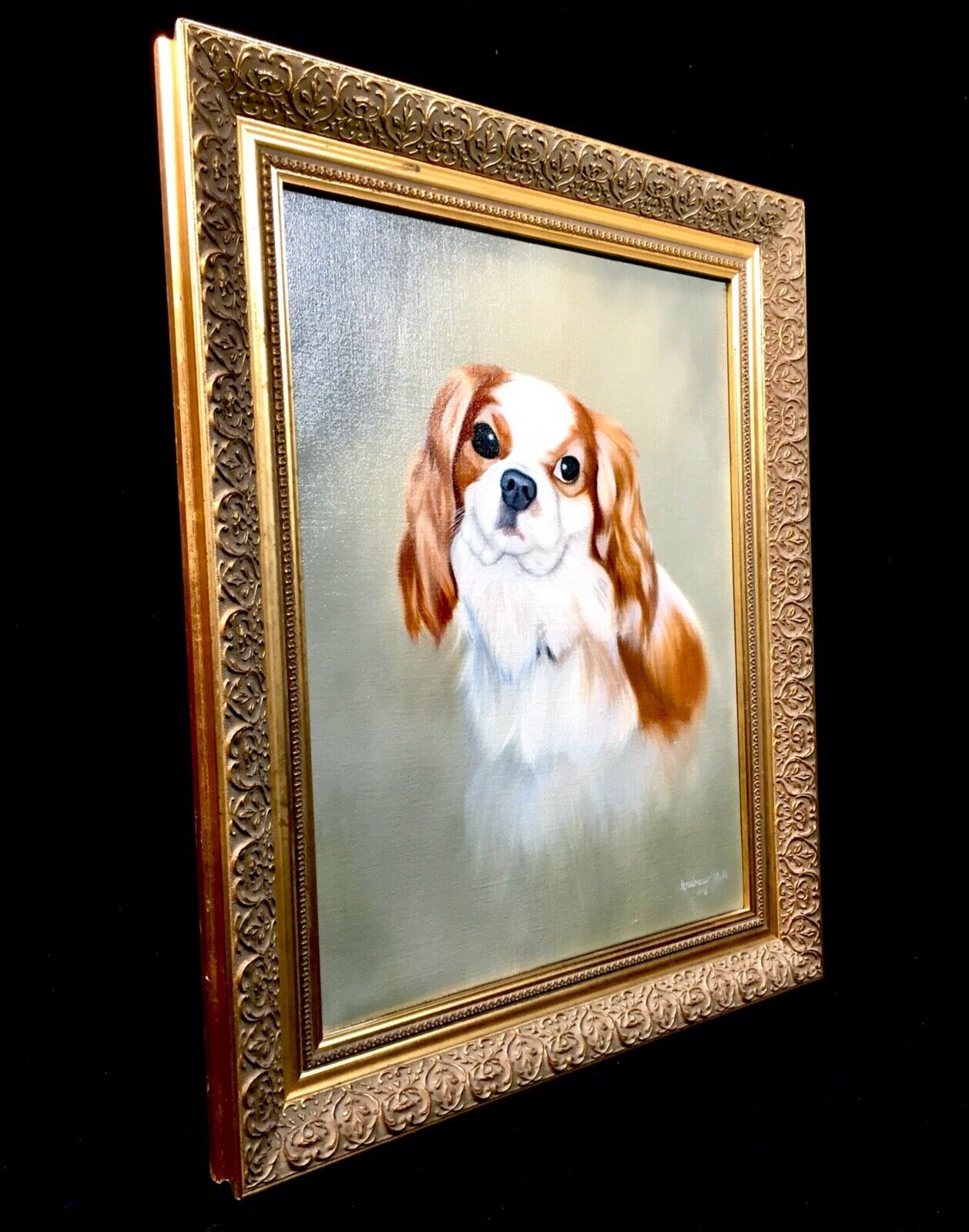 Vintage Framed Cavalier King Charles Spaniel Dog Oil Painting on Canvas