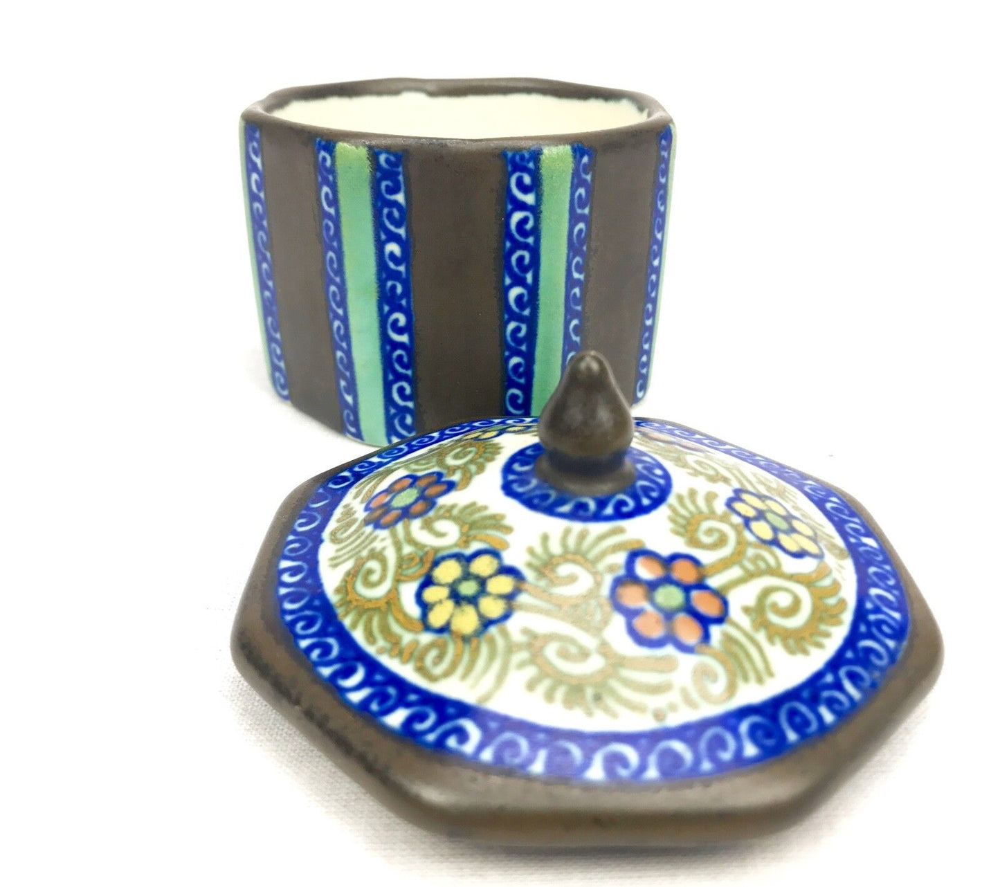 Gouda Pottery Jar With Lid / Vase / Pot / Art Deco / Blue / Brown / Turquoise