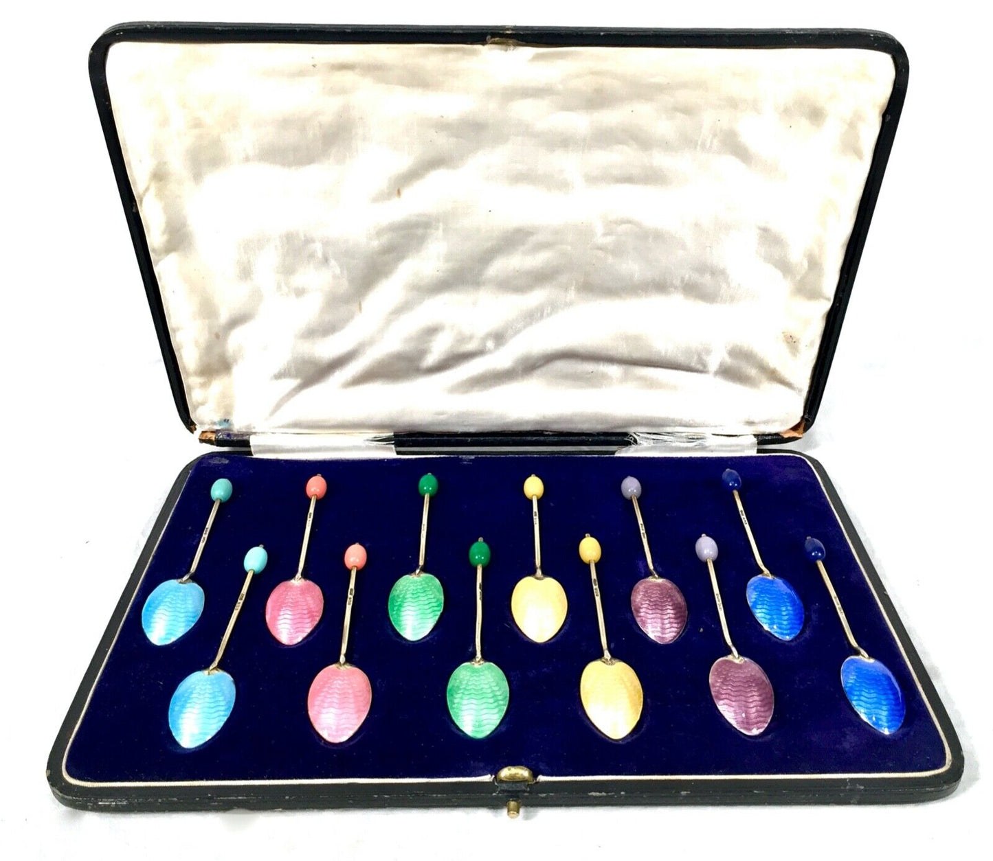 Antique Sterling Silver & Enamel Spoon set by Turner & Simpson Boxed / Art Deco