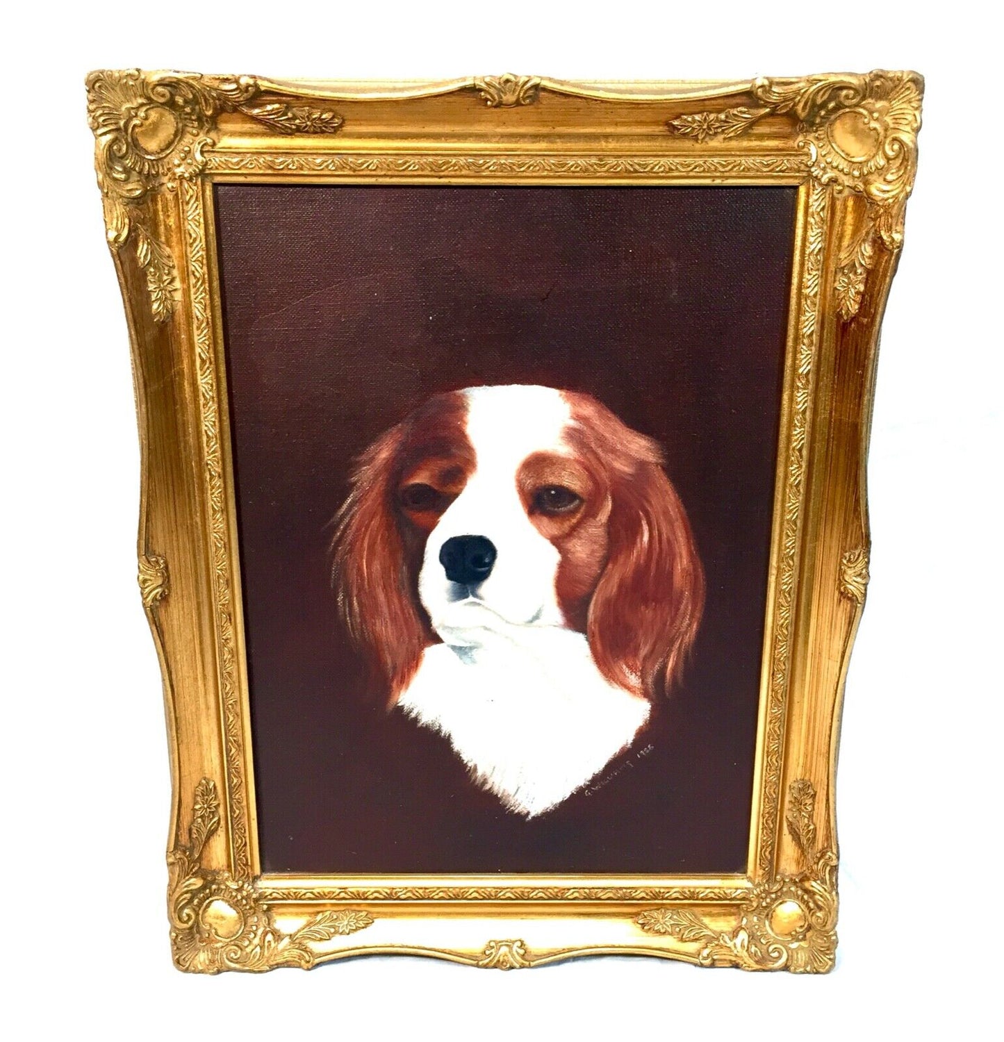 Vintage Framed Blenheim Cavalier King Charles Spaniel Dog Oil Painting on Canvas