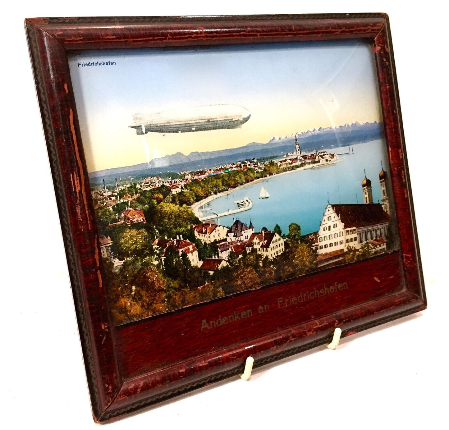 Antique Reverse Glass Painting German City Friedrichshafen With Zeppelin Airship