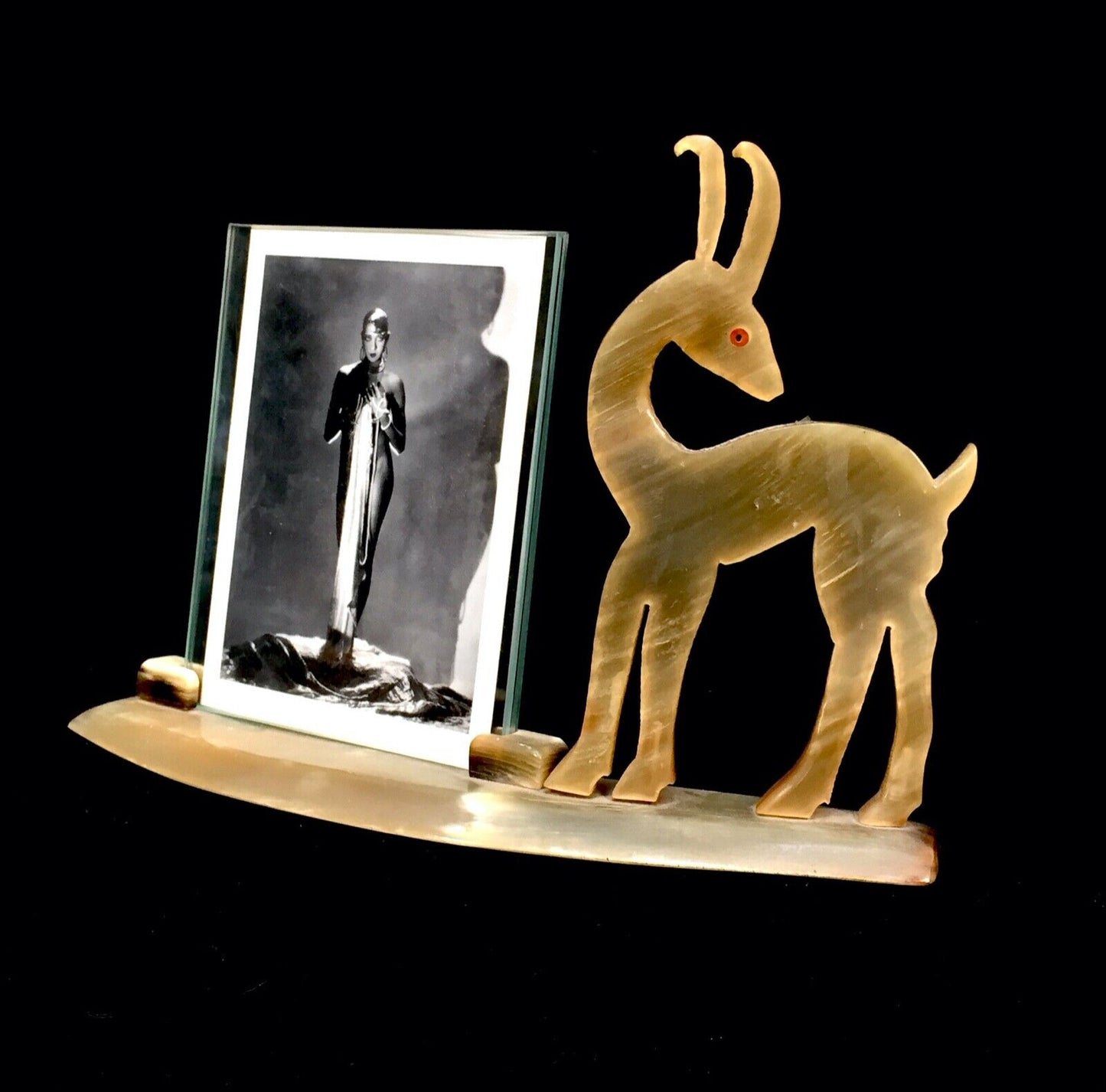 Antique Art Deco Bakelite & Glass Photograph Frame With Deer / Stag Figurine