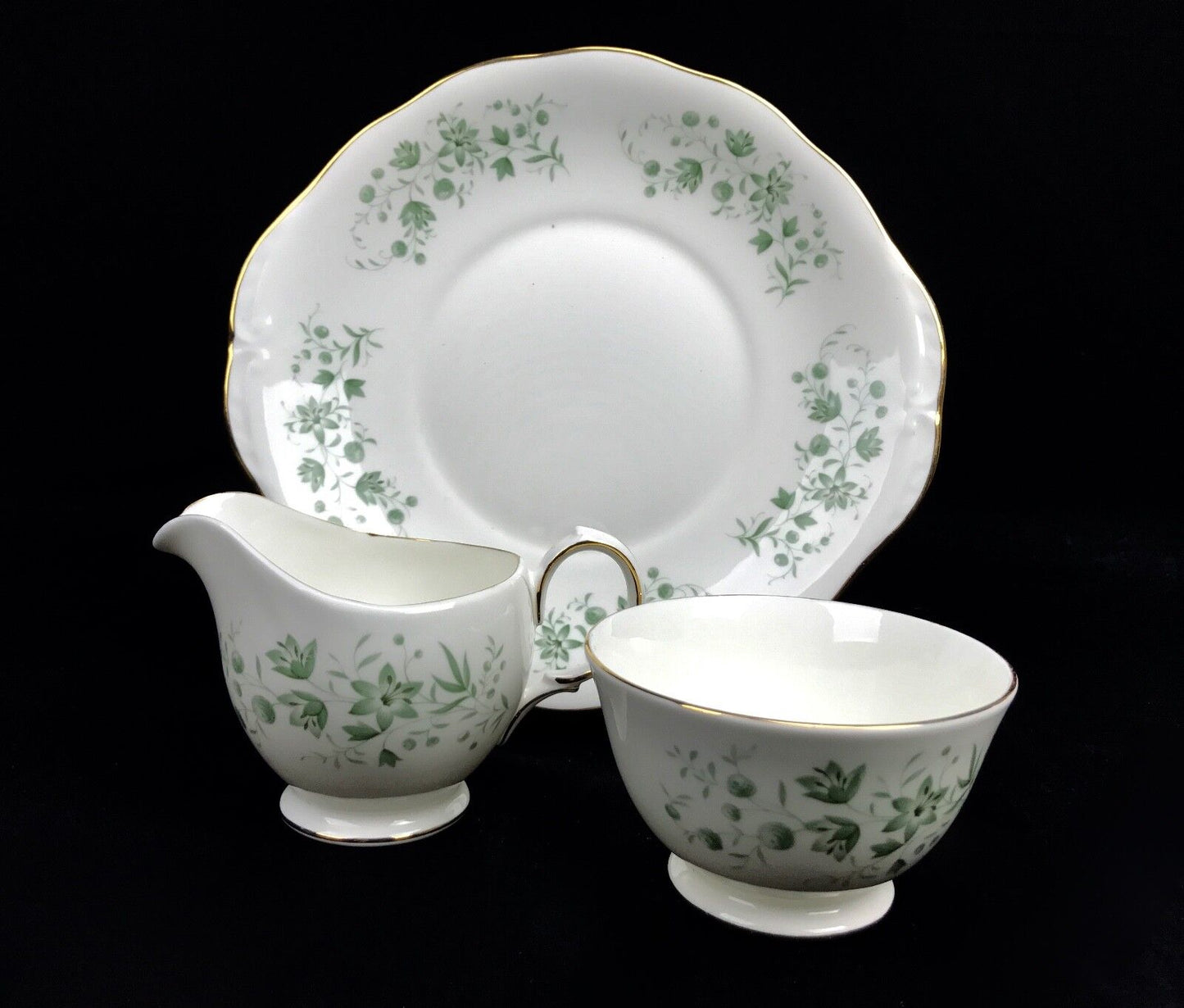 Queen Anne China Tea Set For 6 / 21 Piece / Pattern 8669 Green Floral / Trio