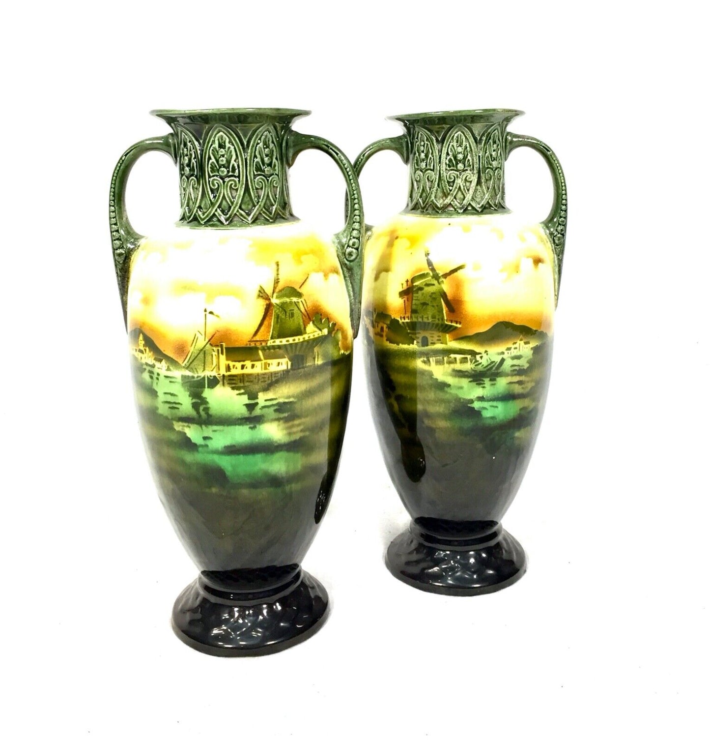 Antique Pair of Czechoslovakia Pottery Vases / Vase Showing Dutch Scenes c.1920