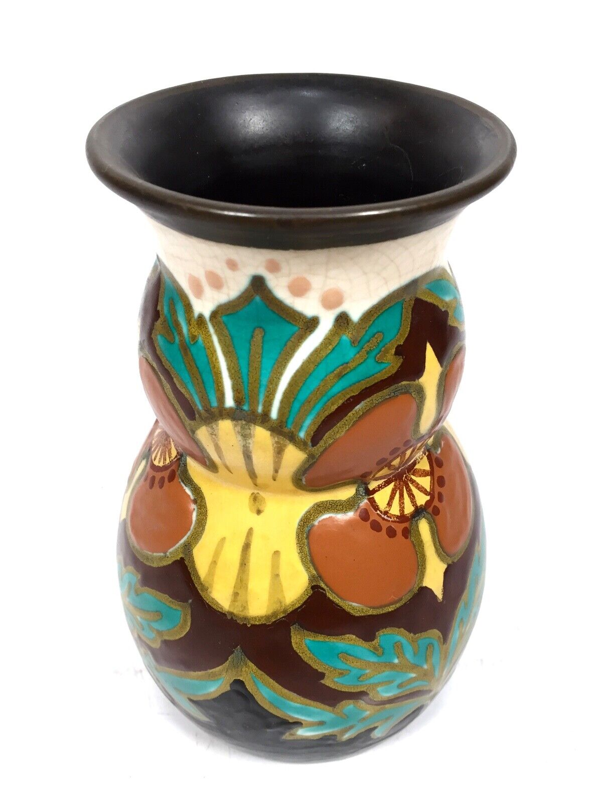 Antique Gouda Pottery Jug / Vase / Art Deco / Brown Yellow Green / 1920's