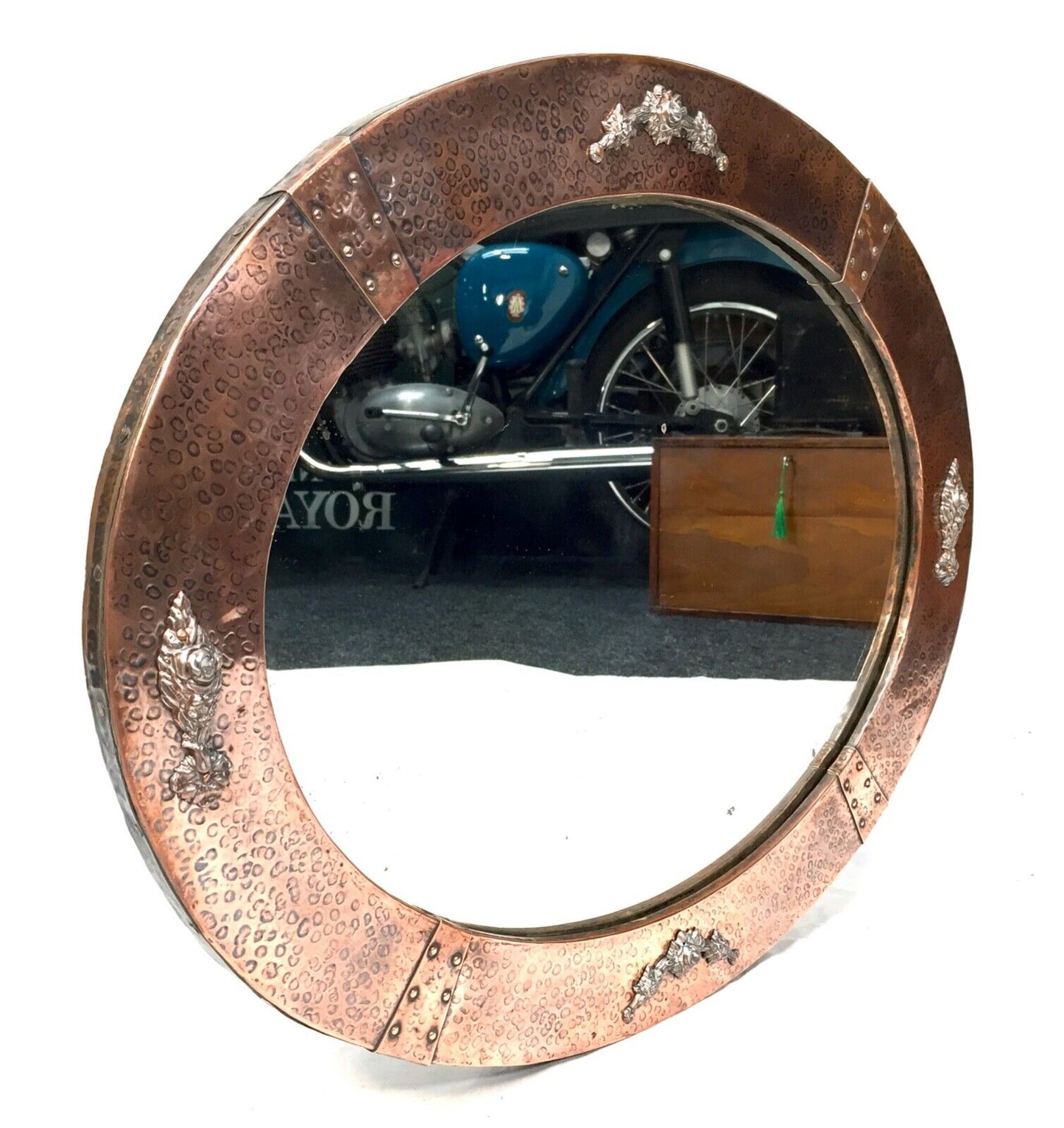 Antique Arts & Crafts Large Copper Framed Wall Mirror / Oval / c.1900