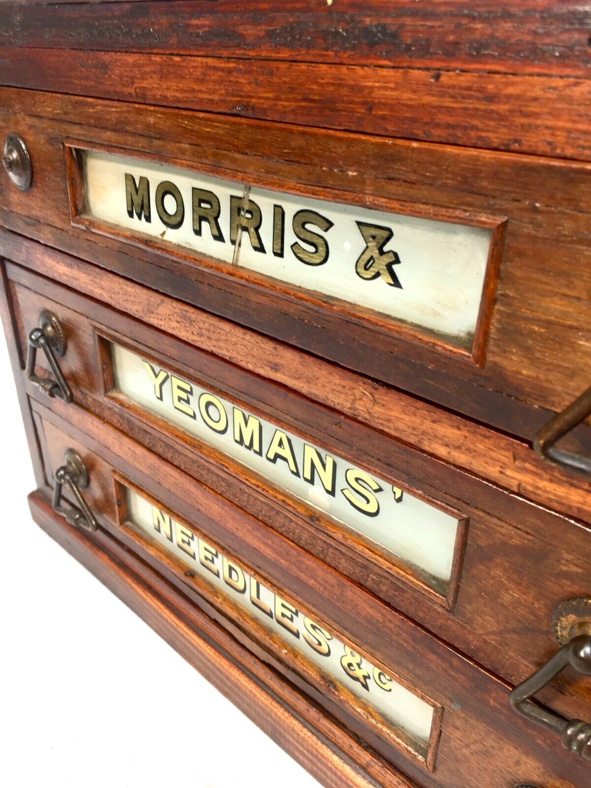 Antique Wooden & Glazed Shop Display Sewing Cabinet for Morris & Yeomans Needles
