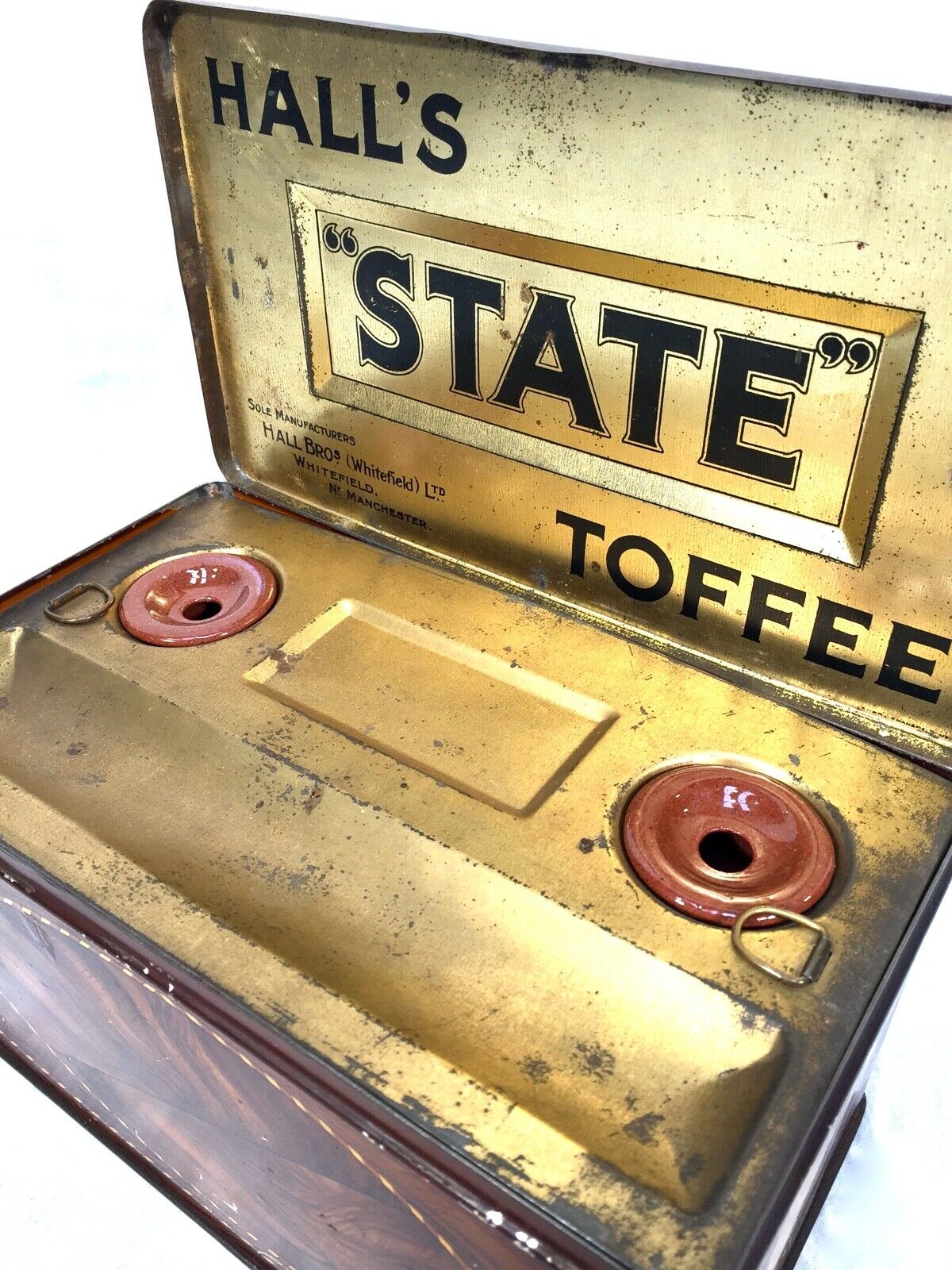 Antique Hall's 1920s Art Deco State Toffee Tin Box / Stationery Inkwell Holder