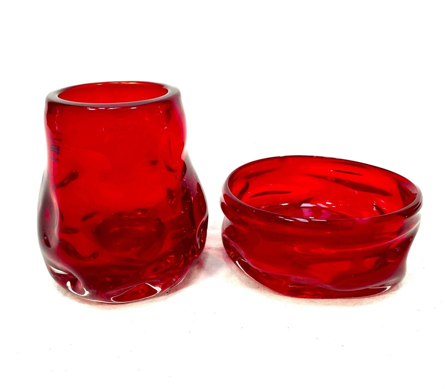 Vintage Pair Of Mid Century Ruby Whitefriars Glass Knobbly Bowl & Vase c.1960