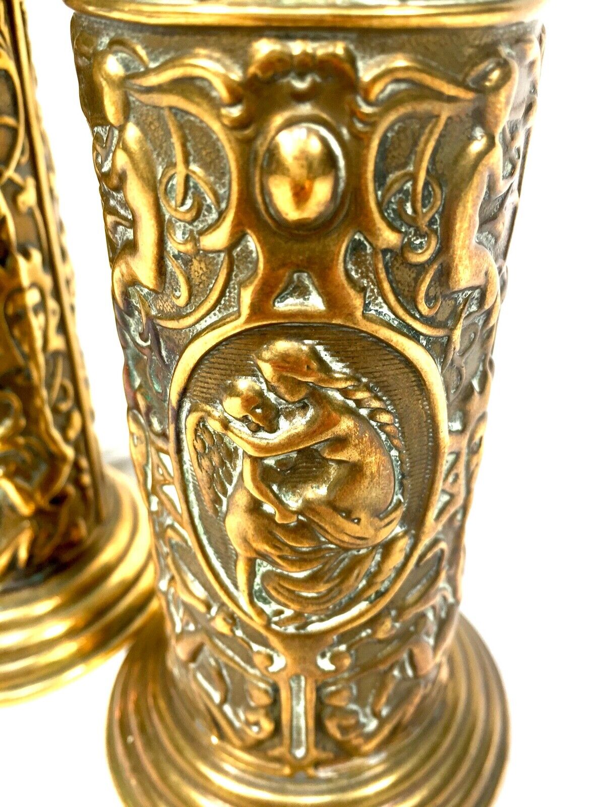 Antique Brass Candlestick Holder Pair / Oak Liners / c.1900 / Chamber / Display