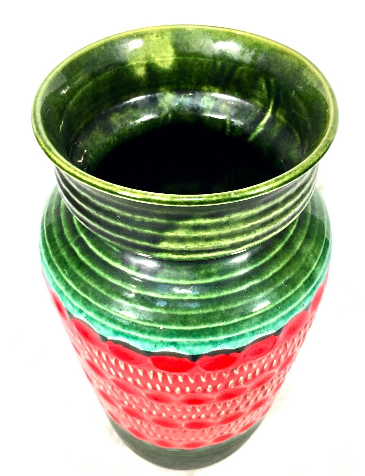 Vintage Large Sized West German Pottery Bay Vase / Red & Green / Retro 1970s