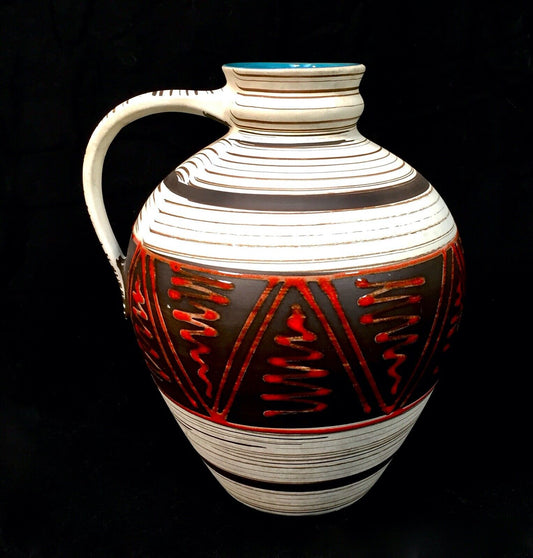 Vintage West German Pottery Fat Vase / Jug /Red & Brown & Cream / Retro 1970s