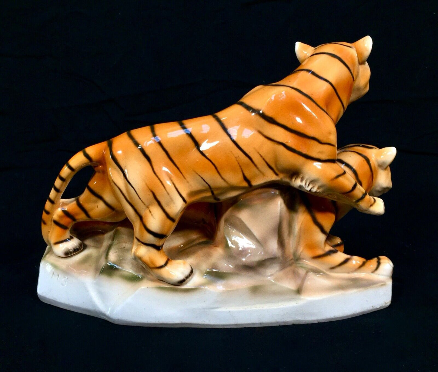 Antique German Sitzendorf Porcelain Tiger Figurine Statue / Art Deco / c1920