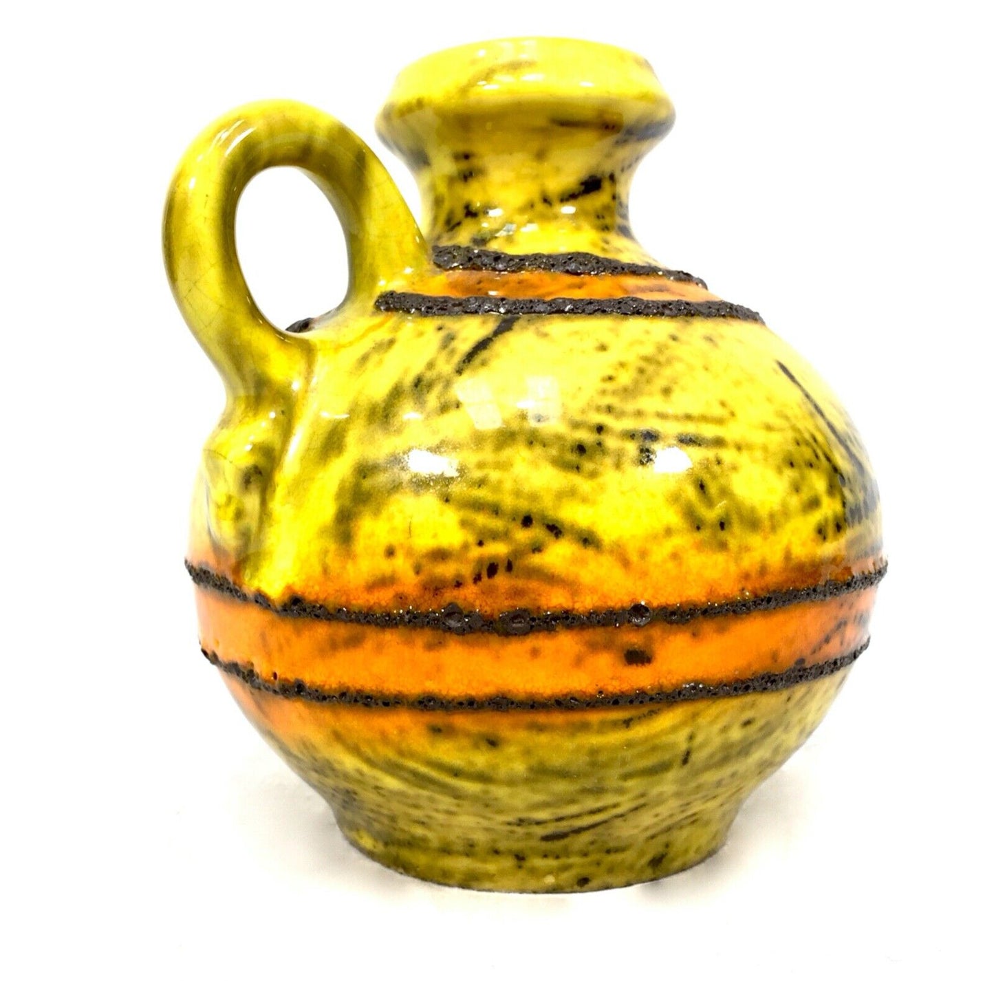 Vintage West German Pottery Lava Vase / Yellow & Green & Orange / Retro 1970s