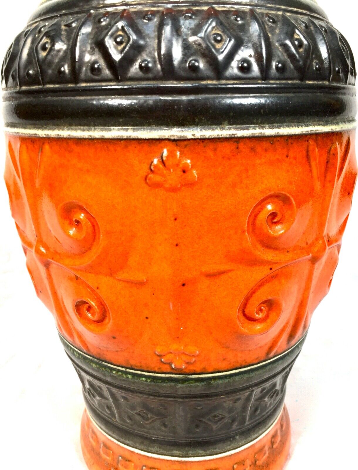 Vintage West German Pottery Extra Large Vase / Orange & Brown / Retro 1970s