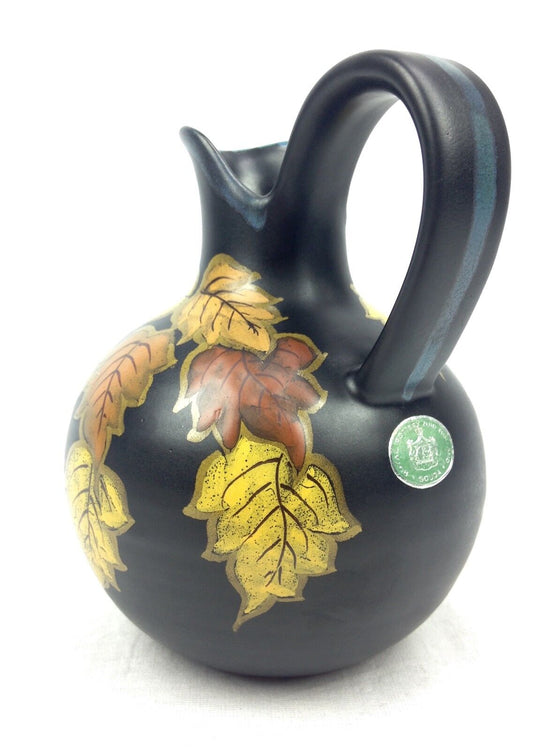 Gouda Pottery Vase Jug 1930's / 40's Black - Yellow - Orange Leaf Design Dutch