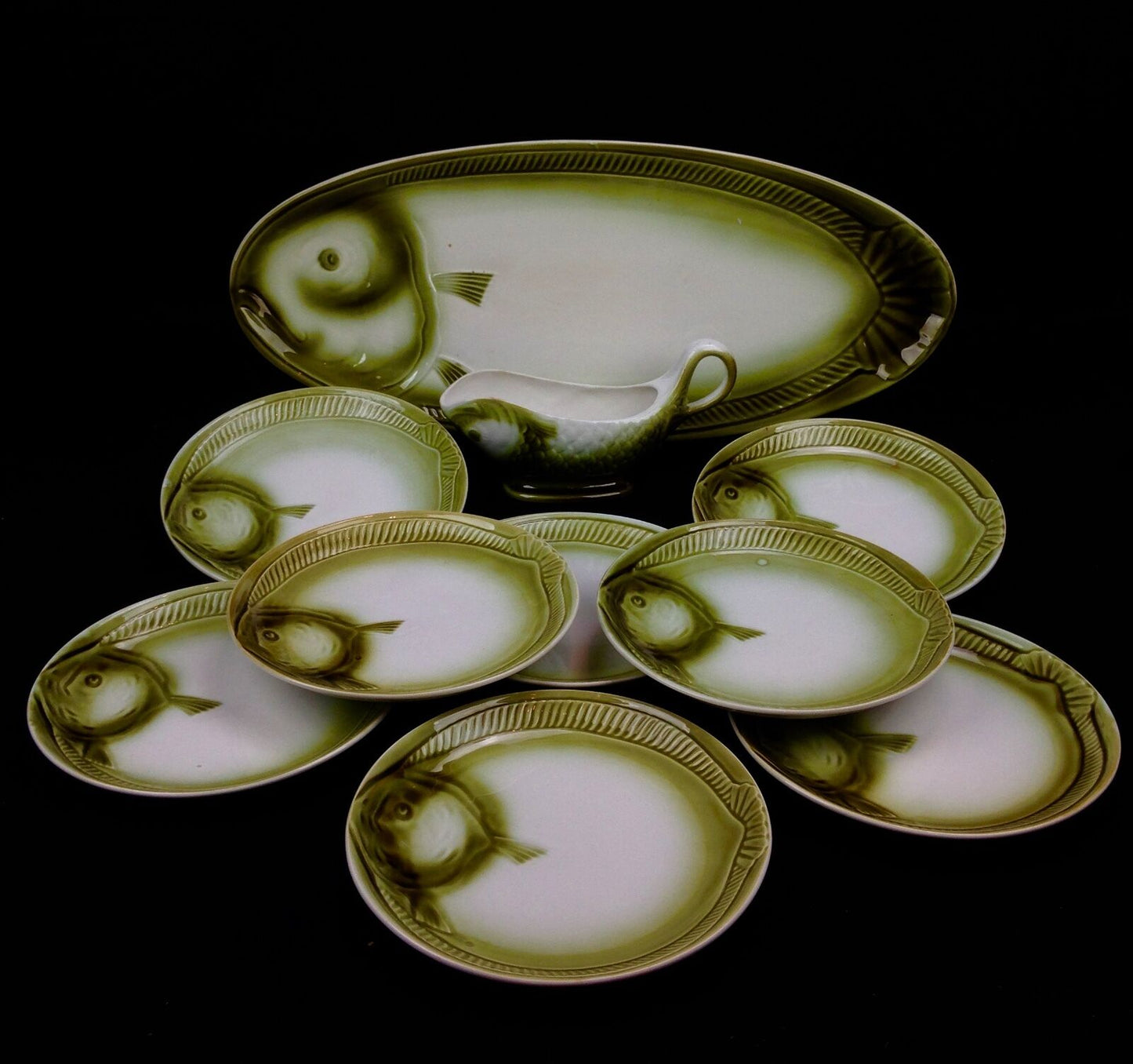French Fish Serving Plate / Platter Set For 8 / Green / Vaissells Large