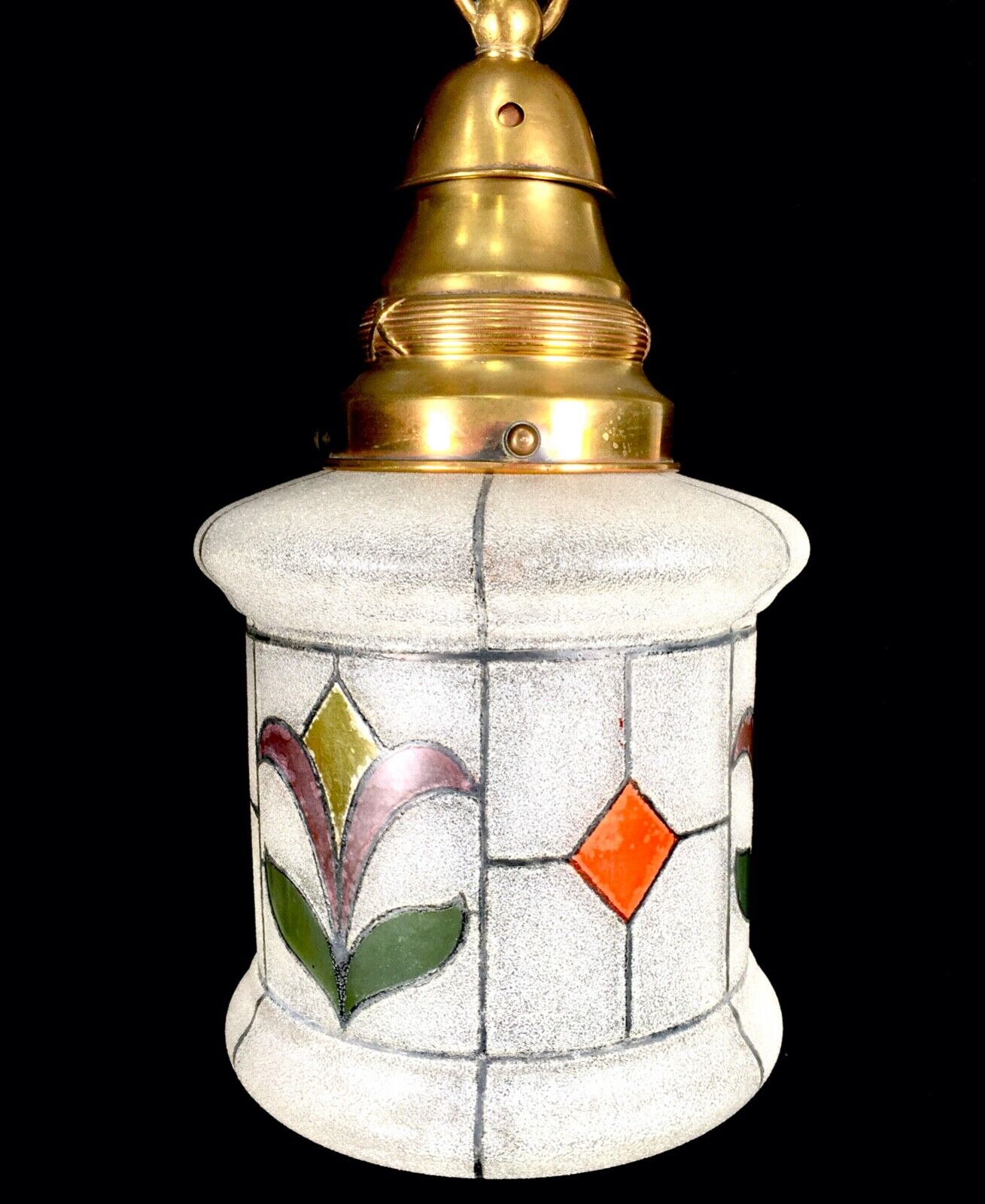 Antique Art Deco Glass Hall Lantern Ceiling Light / Textured Stained Glass c1920