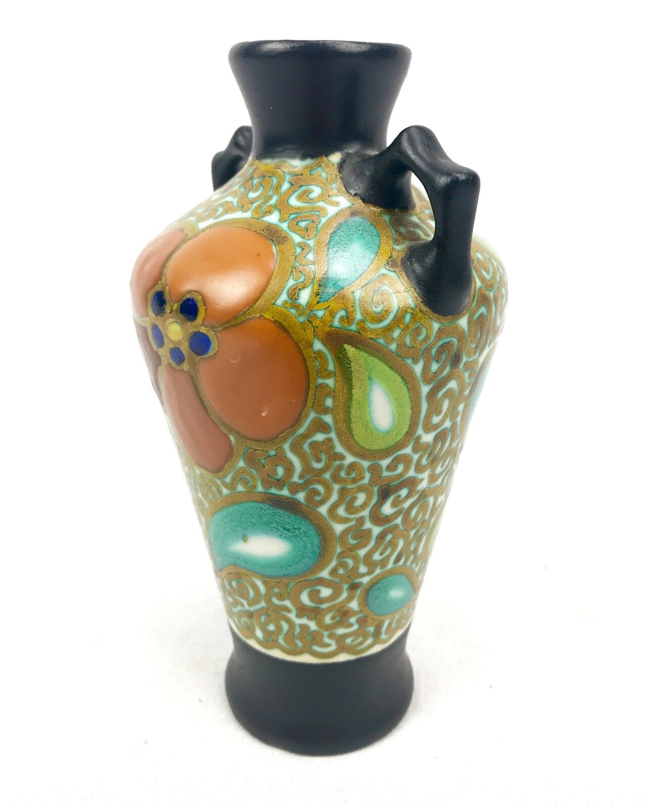 Gouda Pottery Vase / Art Deco / Dutch / Twin Handled / Brown / Orange / Green