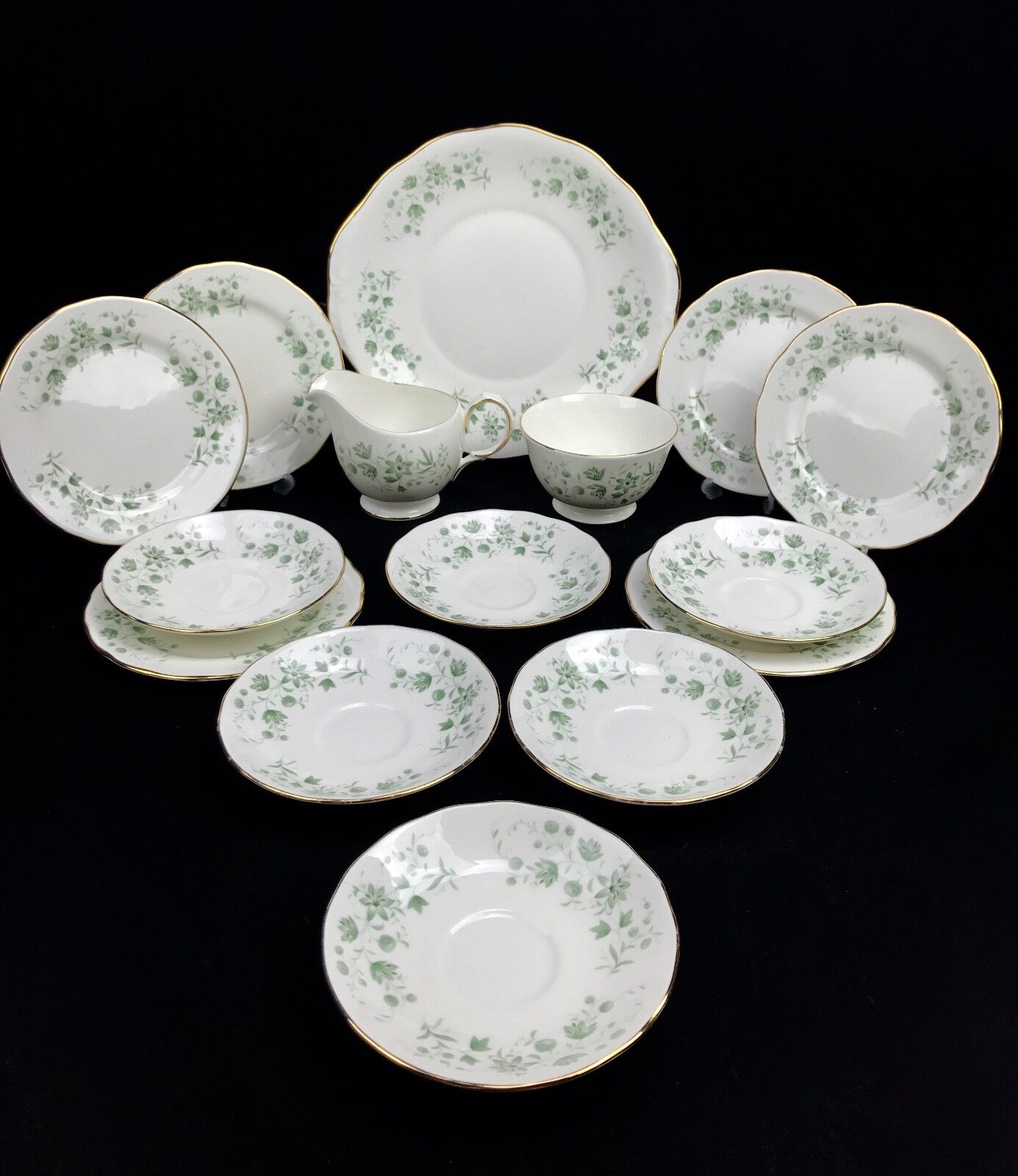 Queen Anne China Tea Set For 6 / 21 Piece / Pattern 8669 Green Floral / Trio